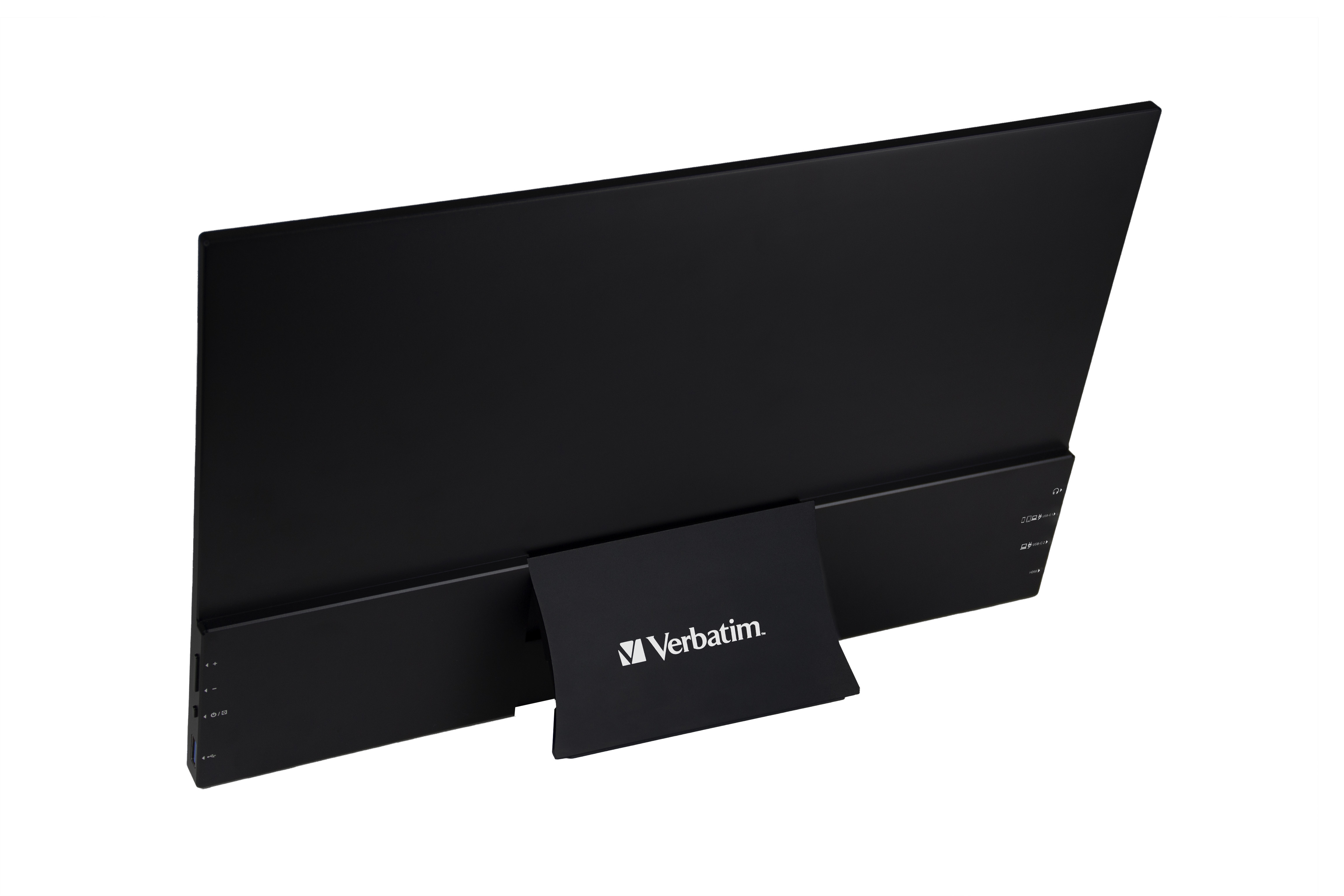 Tył czarnego monitora z podstawą. Ma logo Verbatim.