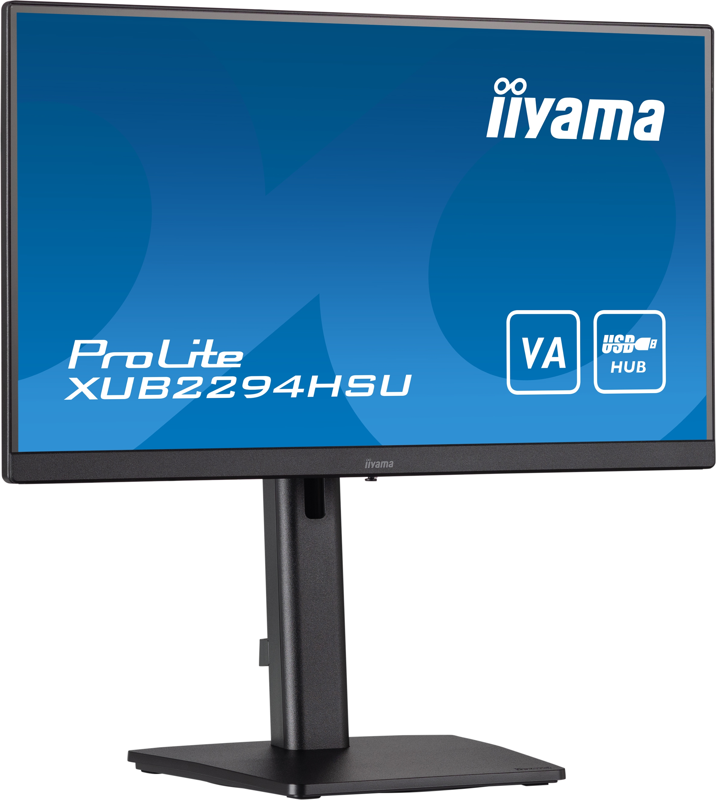 El monitor muestra un fondo azul con texto. El monitor es negro con un soporte negro. La pantalla es ancha.