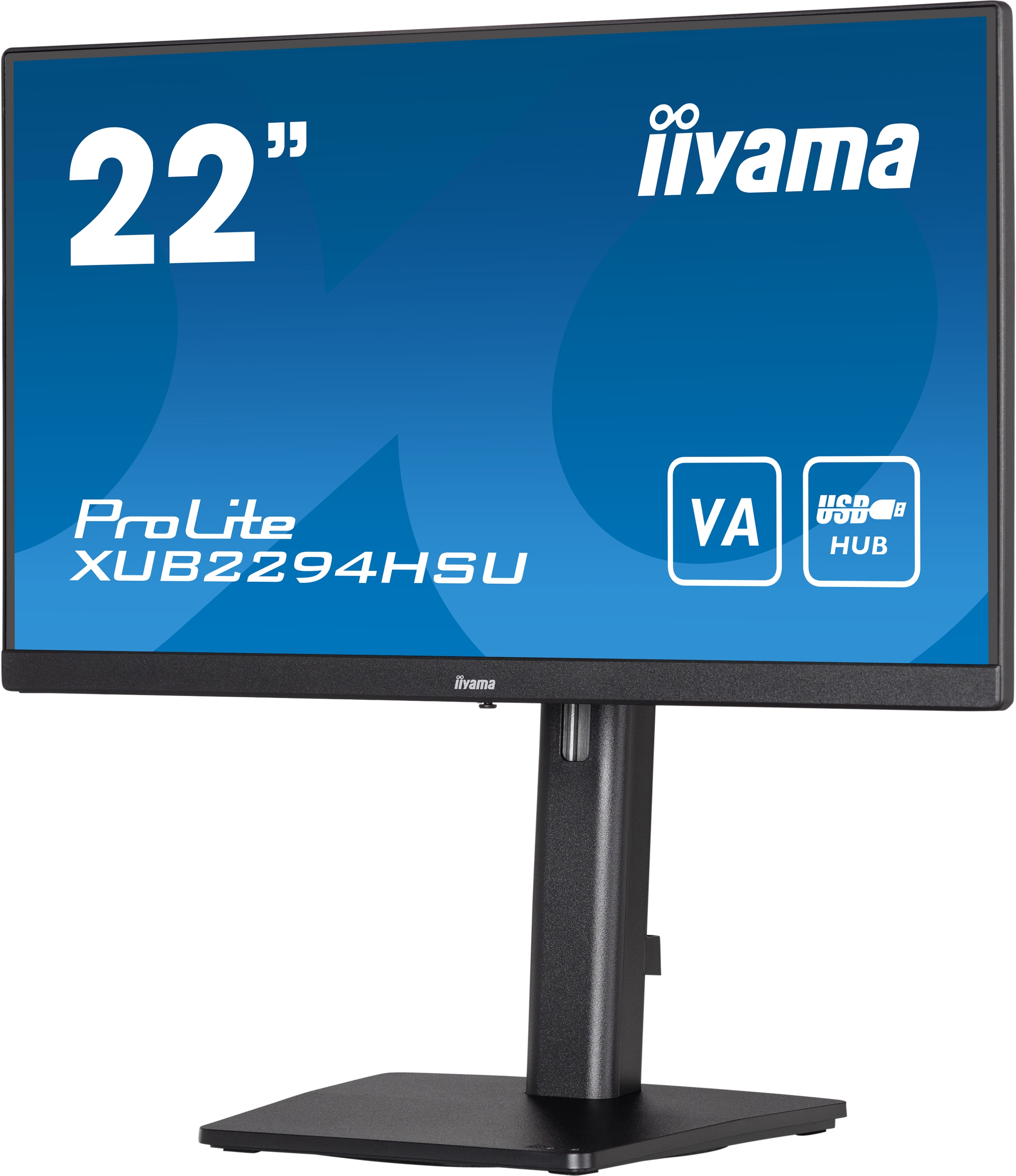 Un monitor Iiyama muestra el logotipo de la marca y las especificaciones, y está montado sobre un soporte negro con base.
