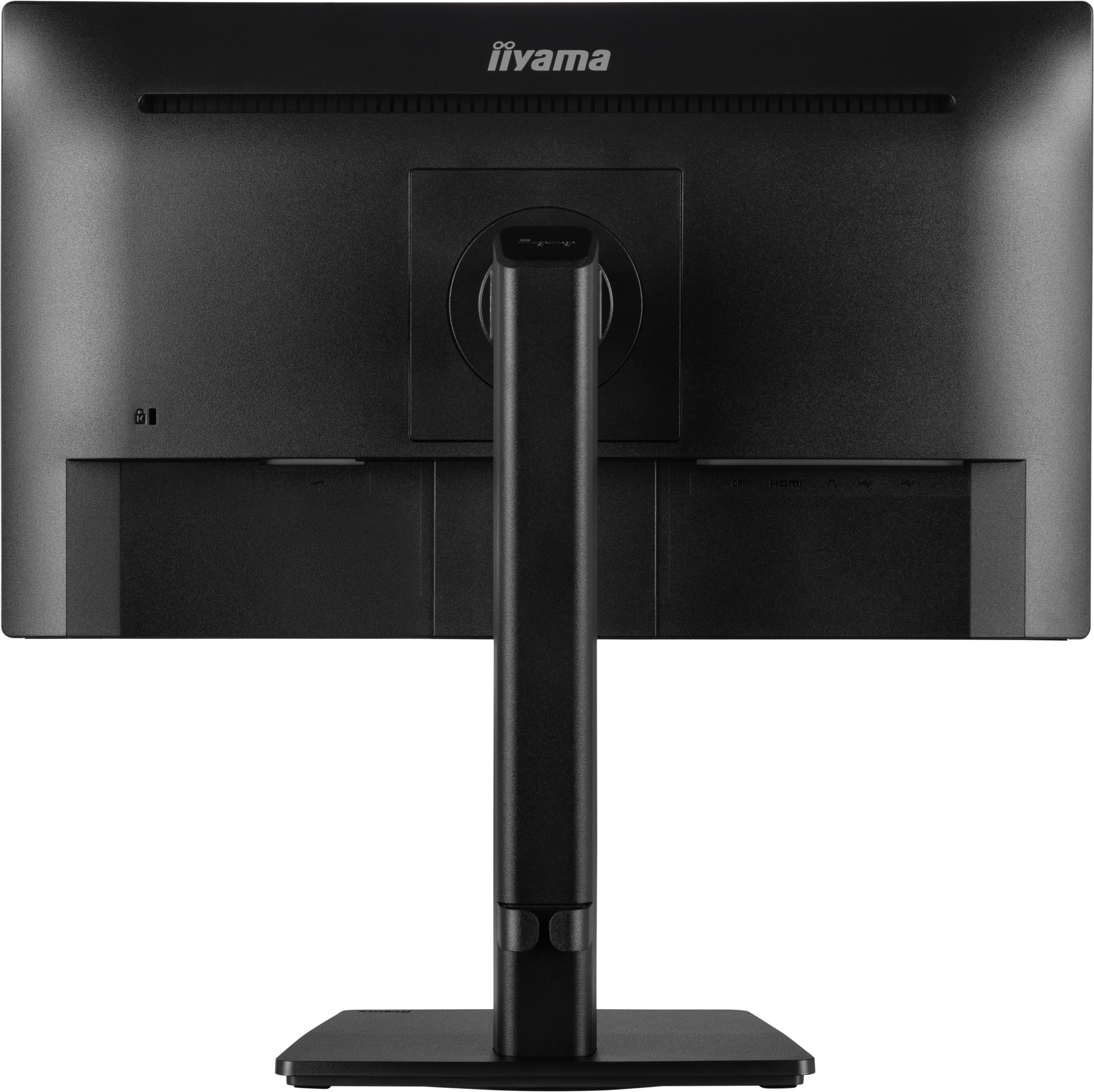 Vista trasera de un monitor negro. Tiene un soporte y varios puertos y conexiones.