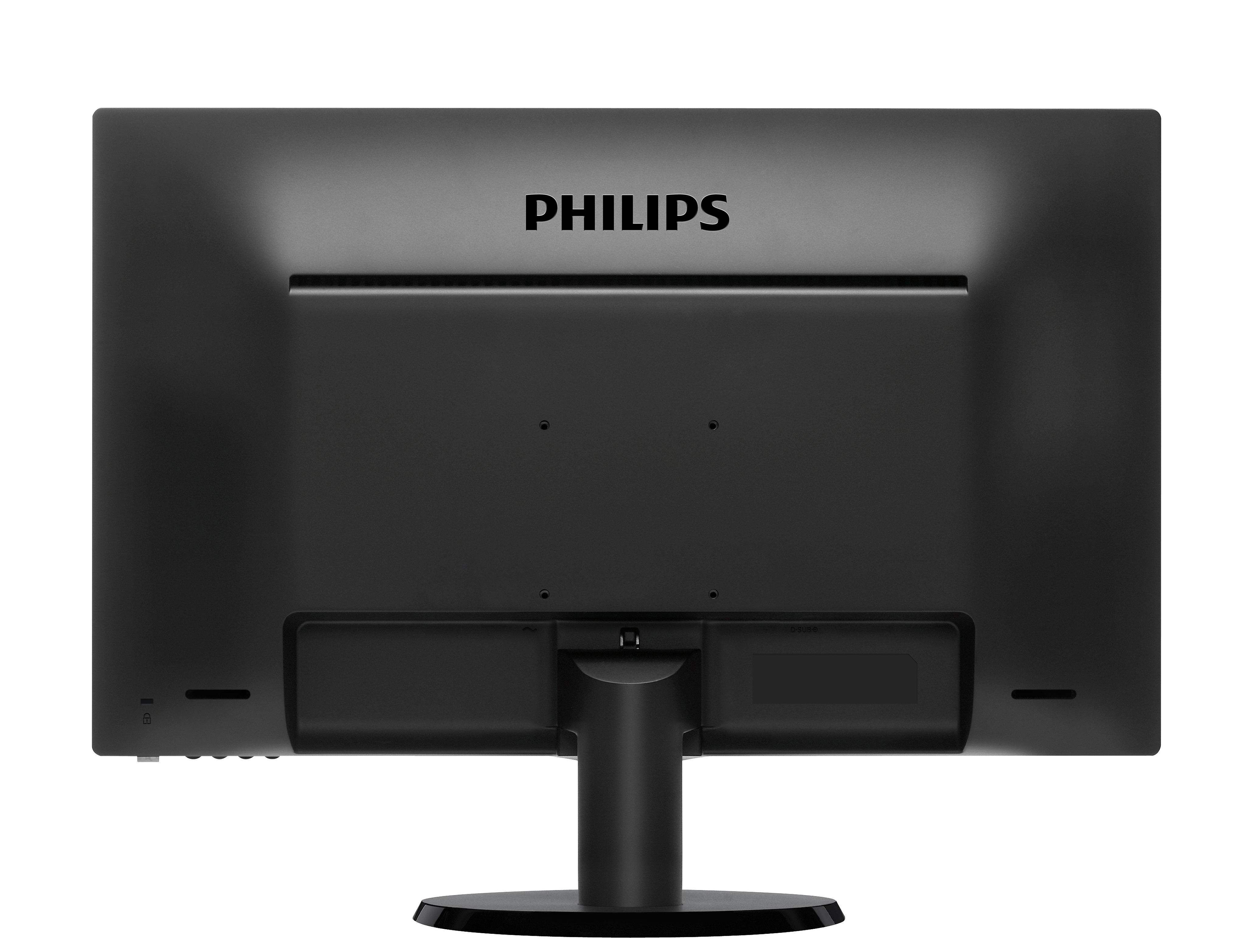 Retro monitor Philips nero. Supporto, porte e logo visibili.
