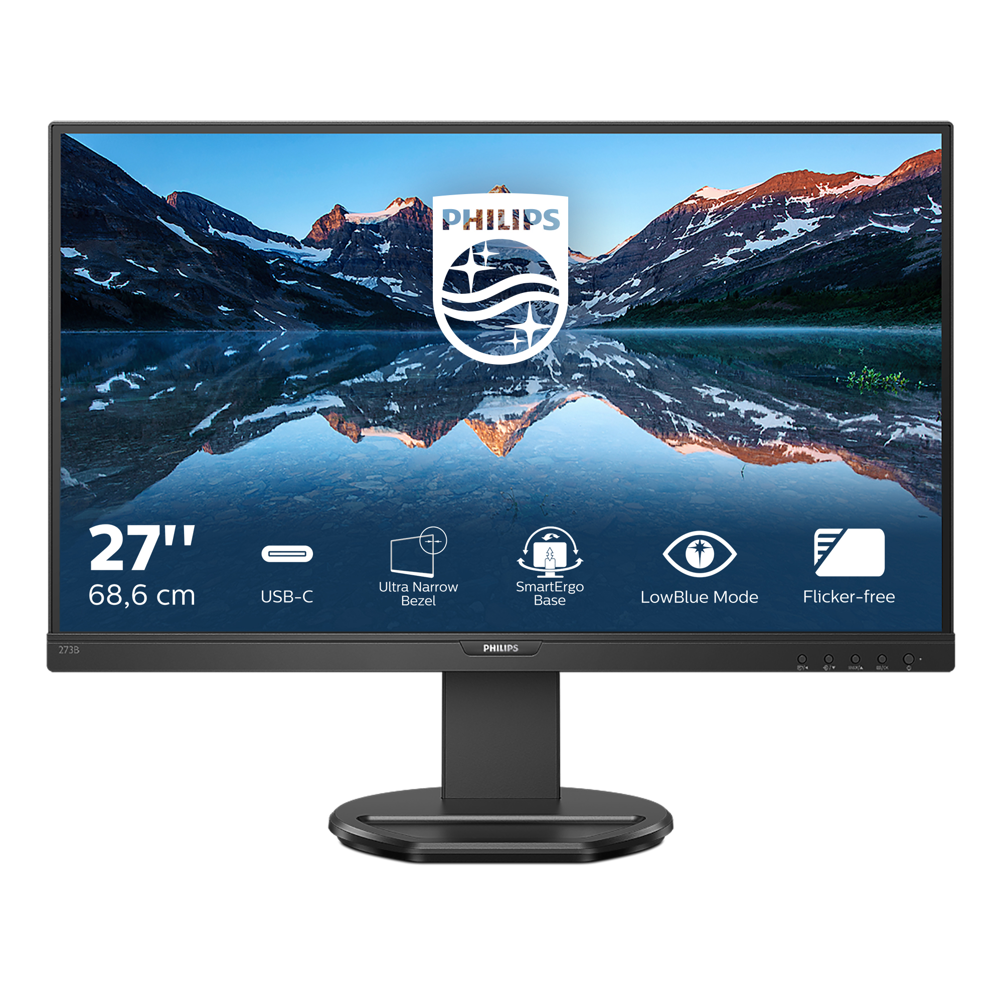 Monitor Philips con scena di montagna e lago.