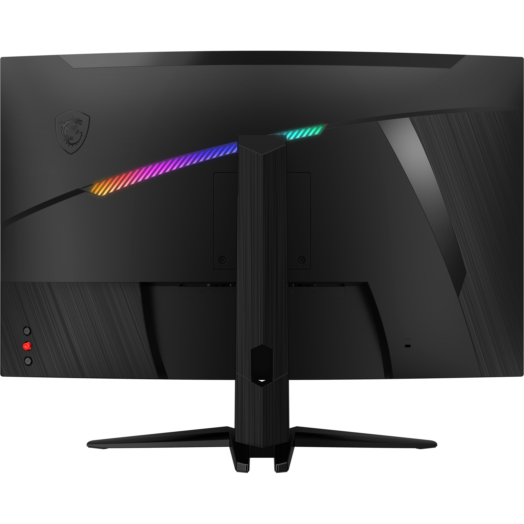 Rückansicht eines schwarzen MSI-Monitors mit Ständer und farbenfrohem Lichtstreifen.