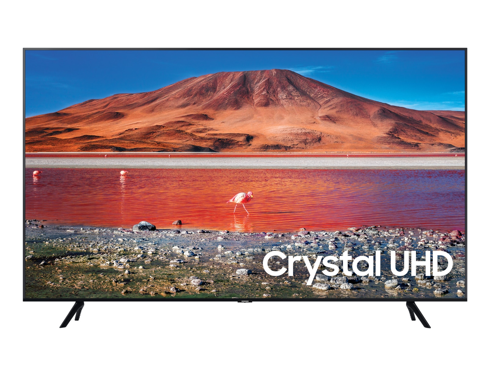 TV Samsung Crystal UHD che mostra un paesaggio con acqua rossa e montagne.