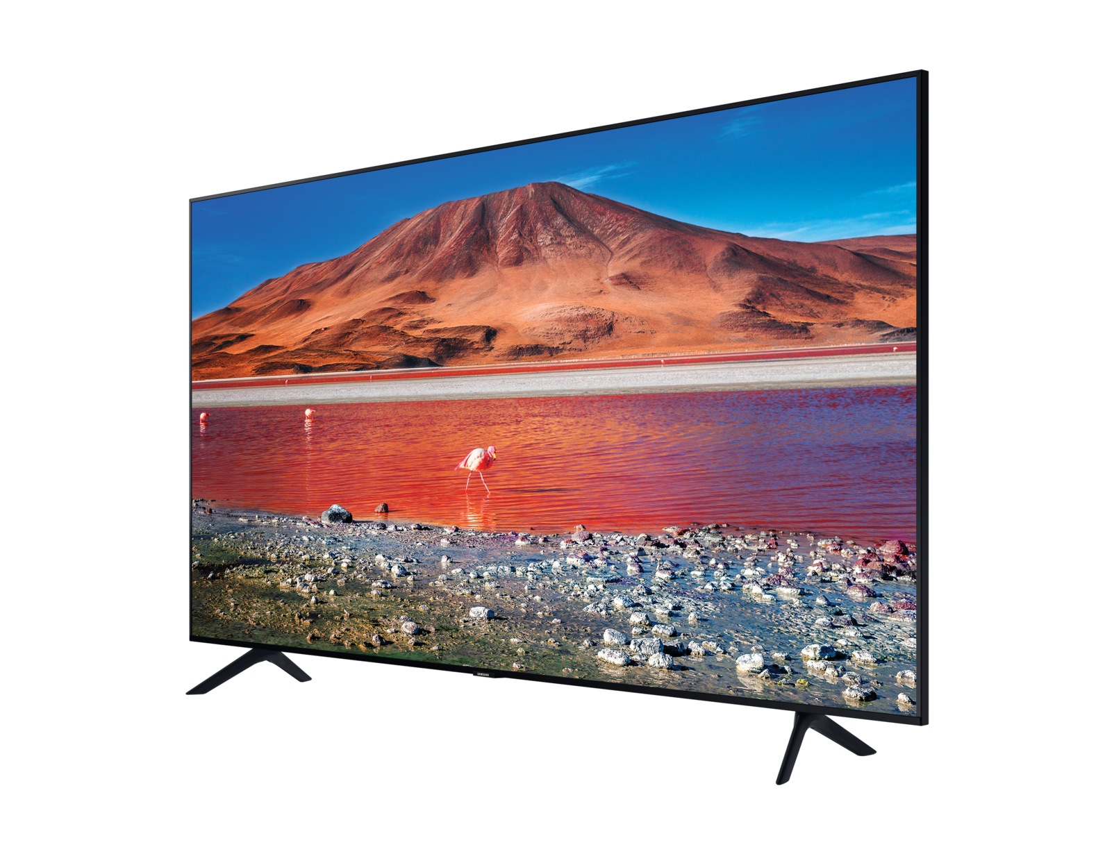 Un grande televisore mostra un paesaggio con un lago rosso, una montagna e fenicotteri rosa nell'acqua.