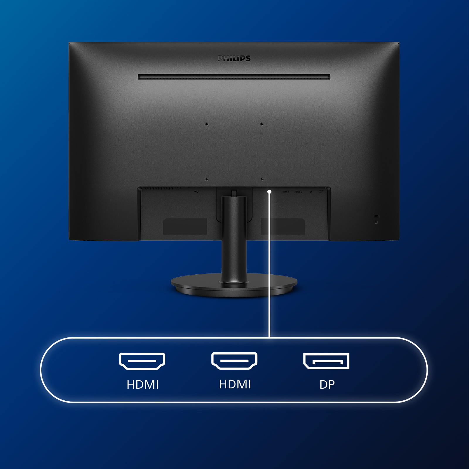 Vista posteriore di un monitor nero. Mostra porte HDMI e DP e il logo Philips in alto.