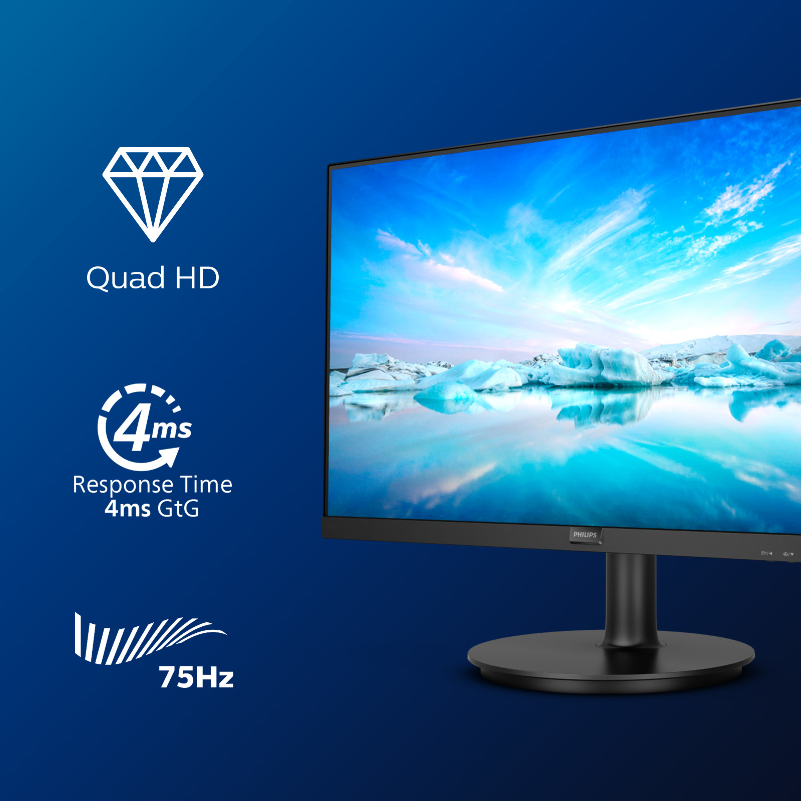 Un monitor mostra un cielo blu con nuvole e un supporto nero. Icone Quad HD, tempo di risposta di 4 ms e 75 Hz.