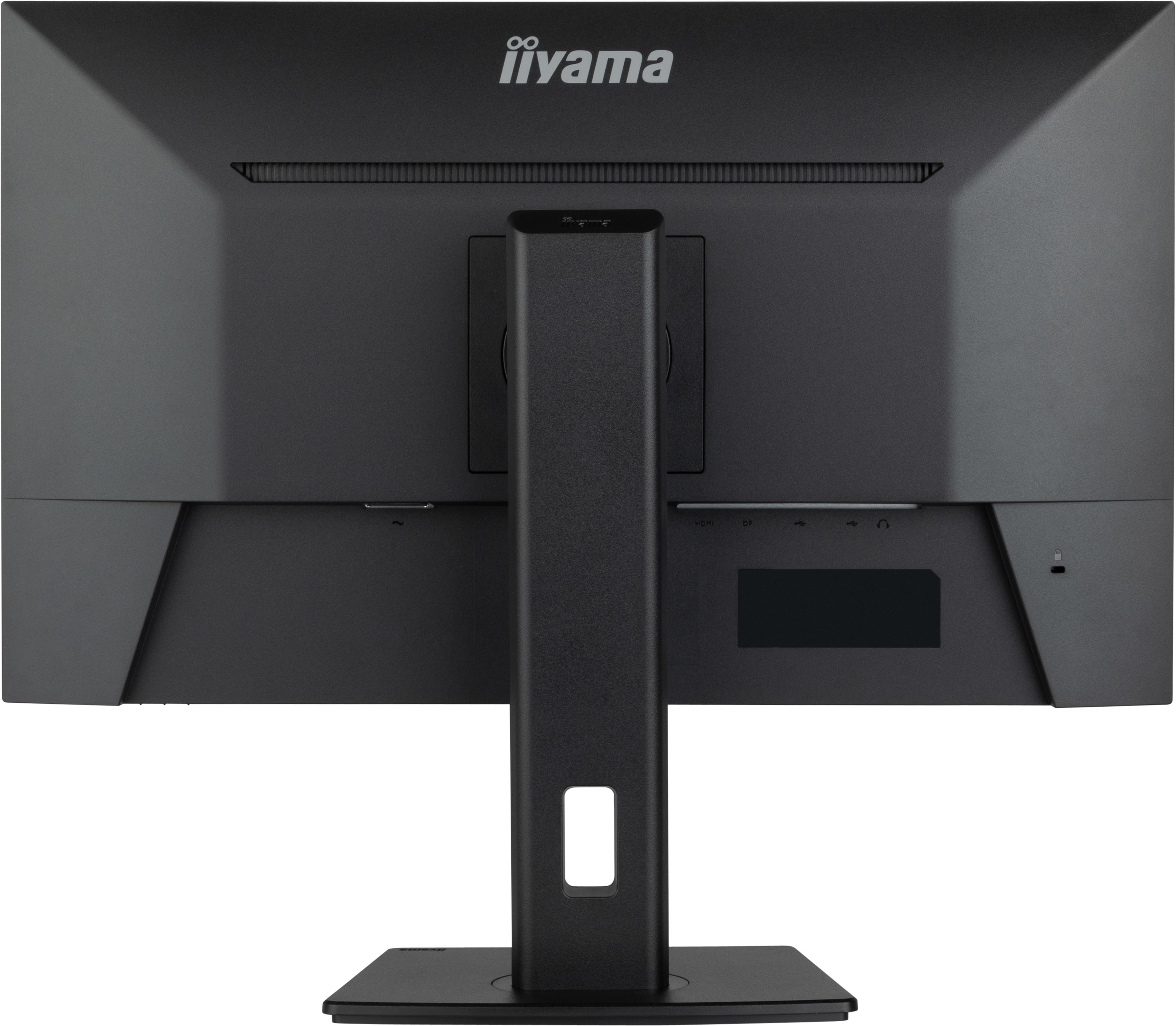 Vista trasera de un monitor de computadora negro. Tiene un soporte y varios puertos. La marca iiyama es visible.