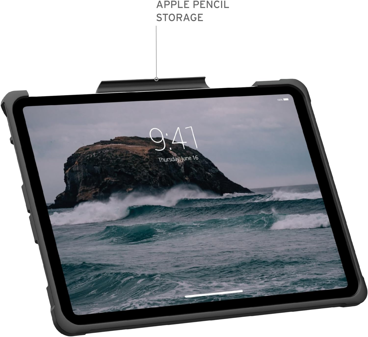 Tablet mit Bildschirm, der Ozeanwellen und eine Insel zeigt. Die Zeit ist 9:41. Apple Pencil-Aufbewahrung oben.