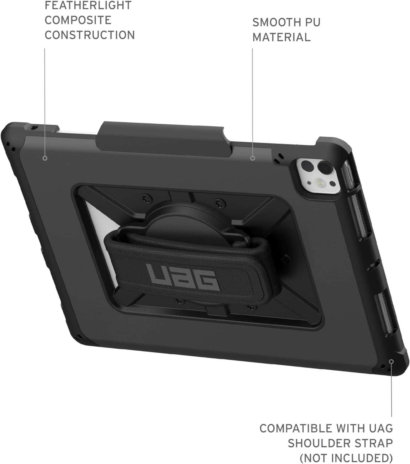 Schwarze Schutzhülle für ein Tablet, mit Handschlaufe und Stifthalterung.