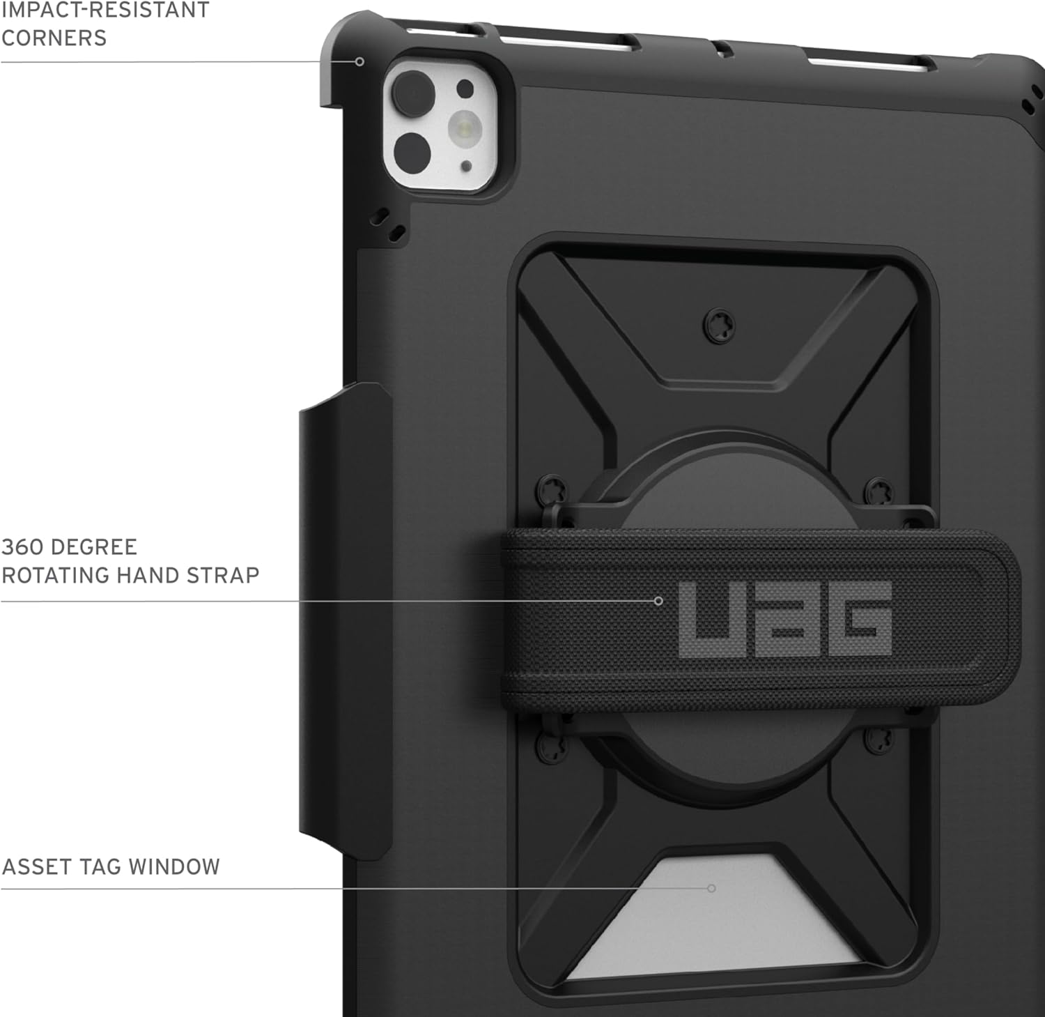 Nahaufnahme einer schwarzen Tablethülle mit Handschlaufe und UAG-Logo.