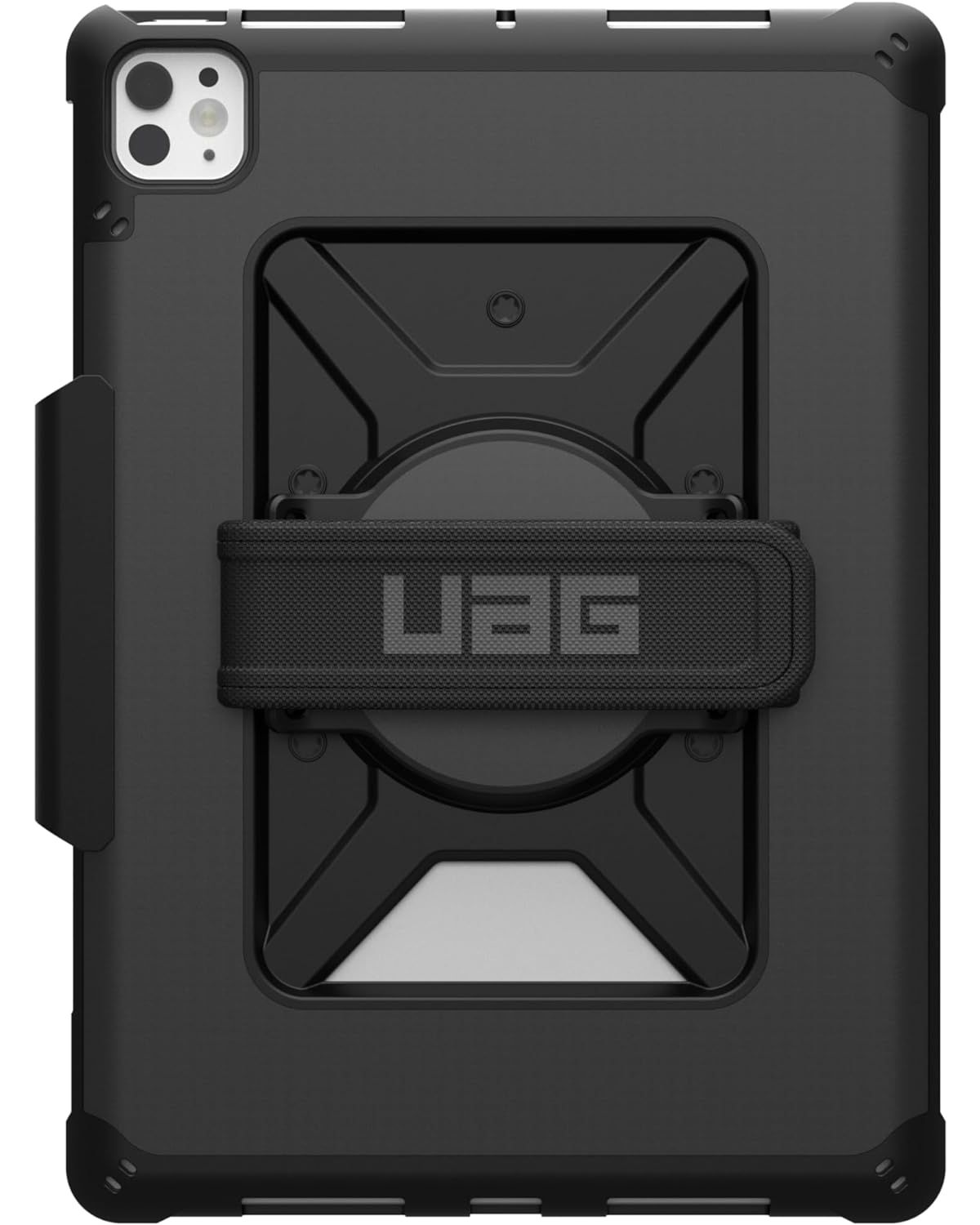 Schwarze UAG iPad-Hülle. Ein Handriemen und ein Ständer sind sichtbar. Weißer Hintergrund.