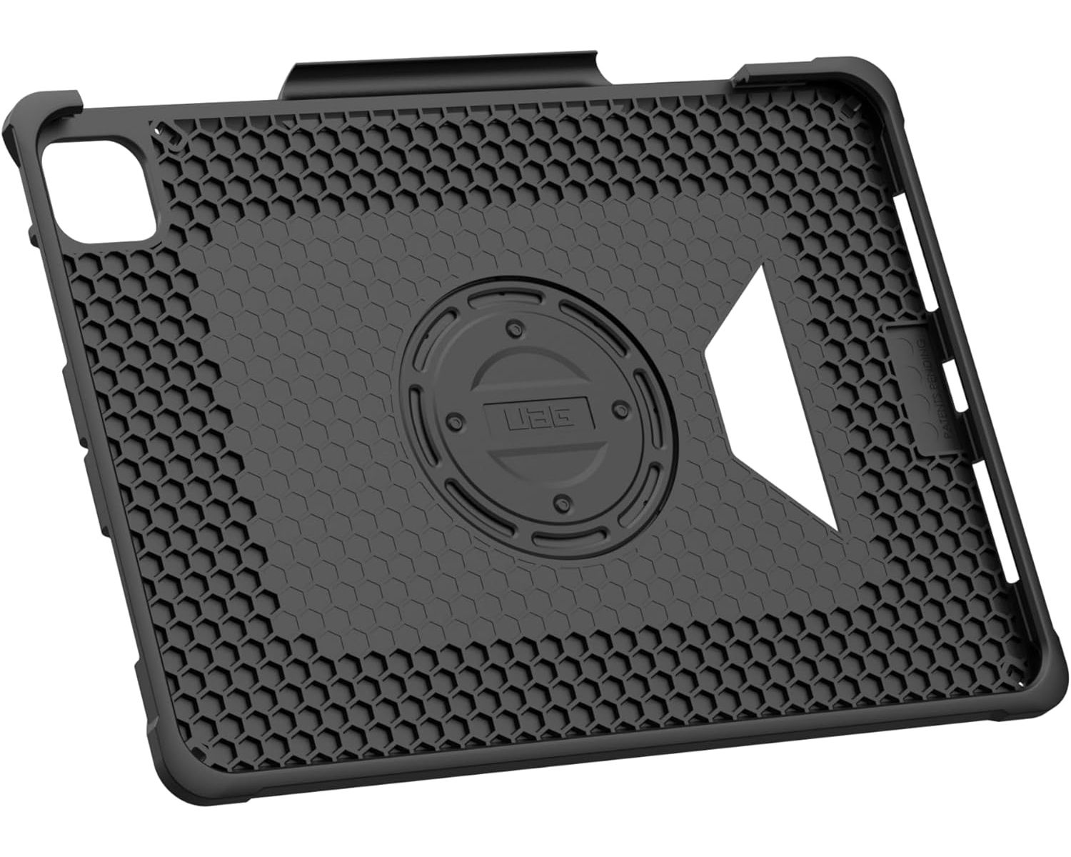 Schwarze UAG-Tablethülle mit sechseckigem Muster und UAG-Logo, schräge Ansicht.