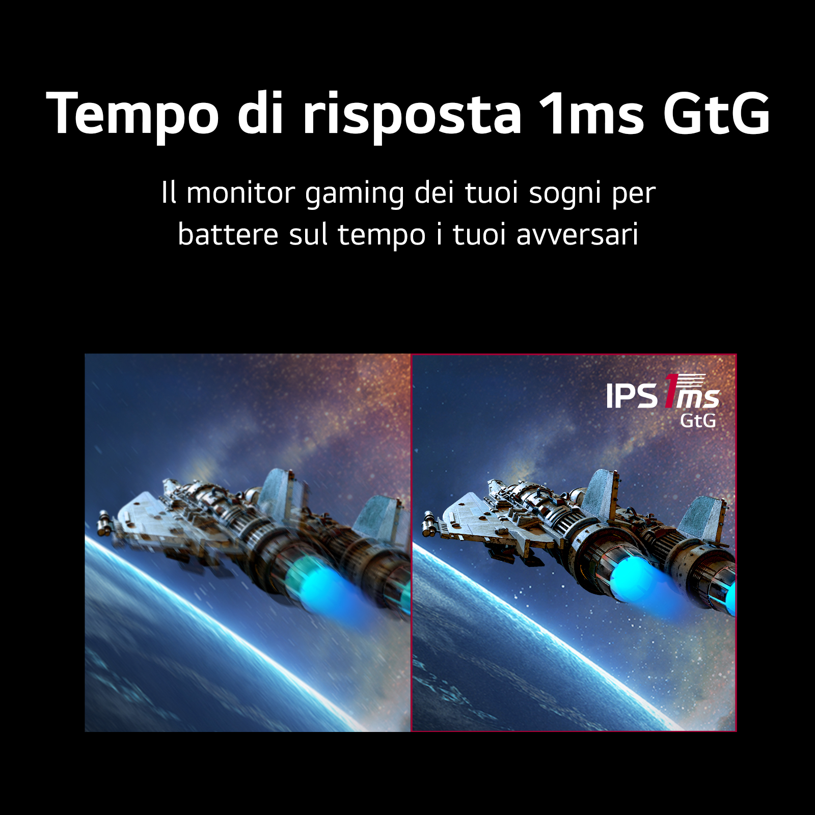 Obrazek pokazujący monitor do gier, z grafiką statku kosmicznego i tekstem o czasie reakcji.