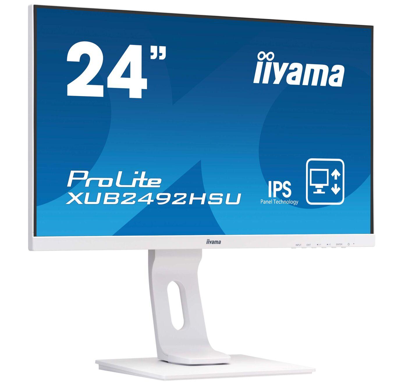 Weißer 24-Zoll-Monitor mit weißem Ständer. Blauer Hintergrund mit Text.