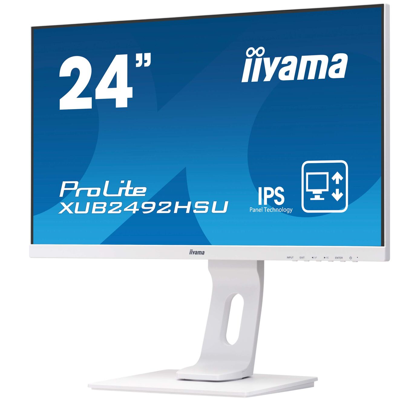 Weißer 24" iiyama Monitor. Hat einen weißen Ständer. Blauer Hintergrund, mit Text.