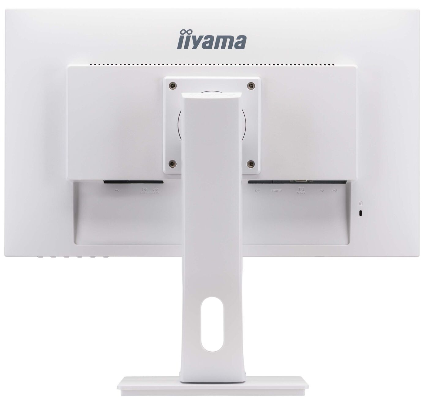 Die Rückseite eines Iiyama-Monitors ist weiß und hat Anschlüsse am unteren Rand sowie einen Ständer.