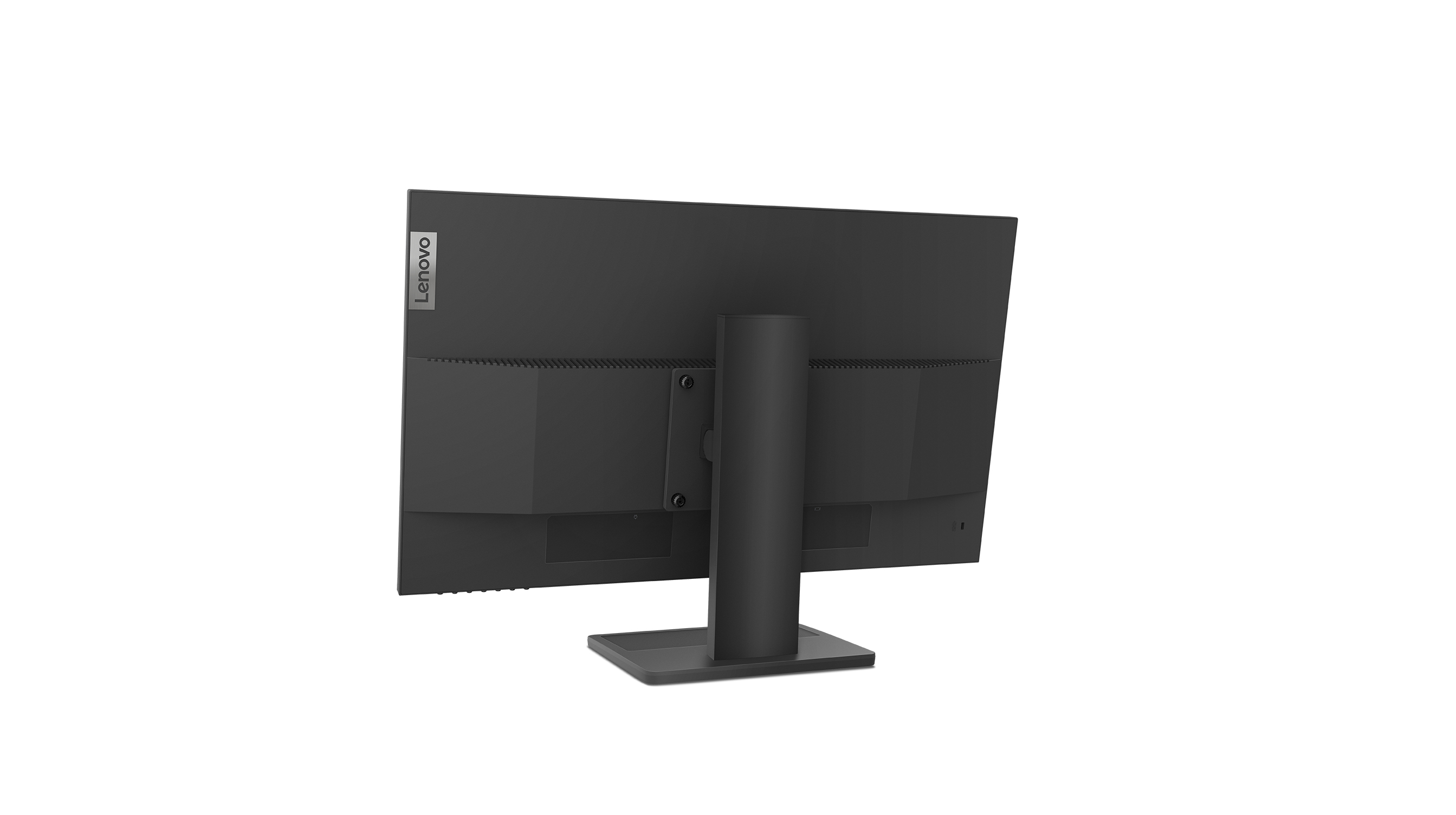Rückansicht eines Lenovo-Computermonitors auf einem Ständer. Das Lenovo-Logo ist sichtbar.