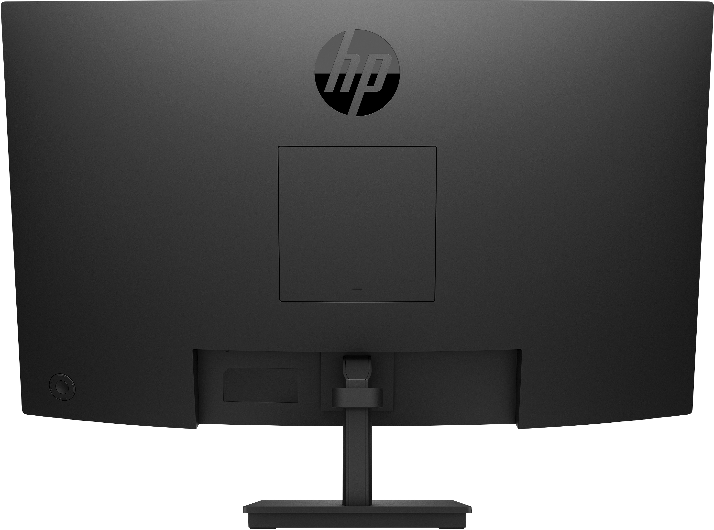 Czarny tył monitora ze stojakiem i logo HP. Powierzchnia jest gładka i czysta.