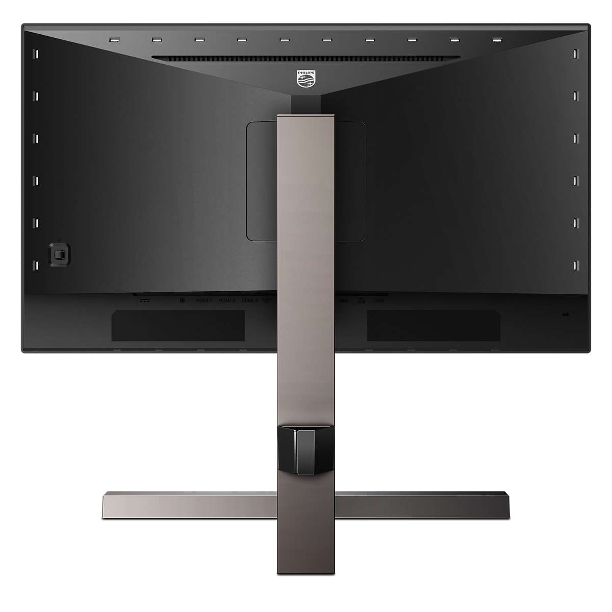 Il retro di un monitor Philips con supporto. Il monitor è nero.