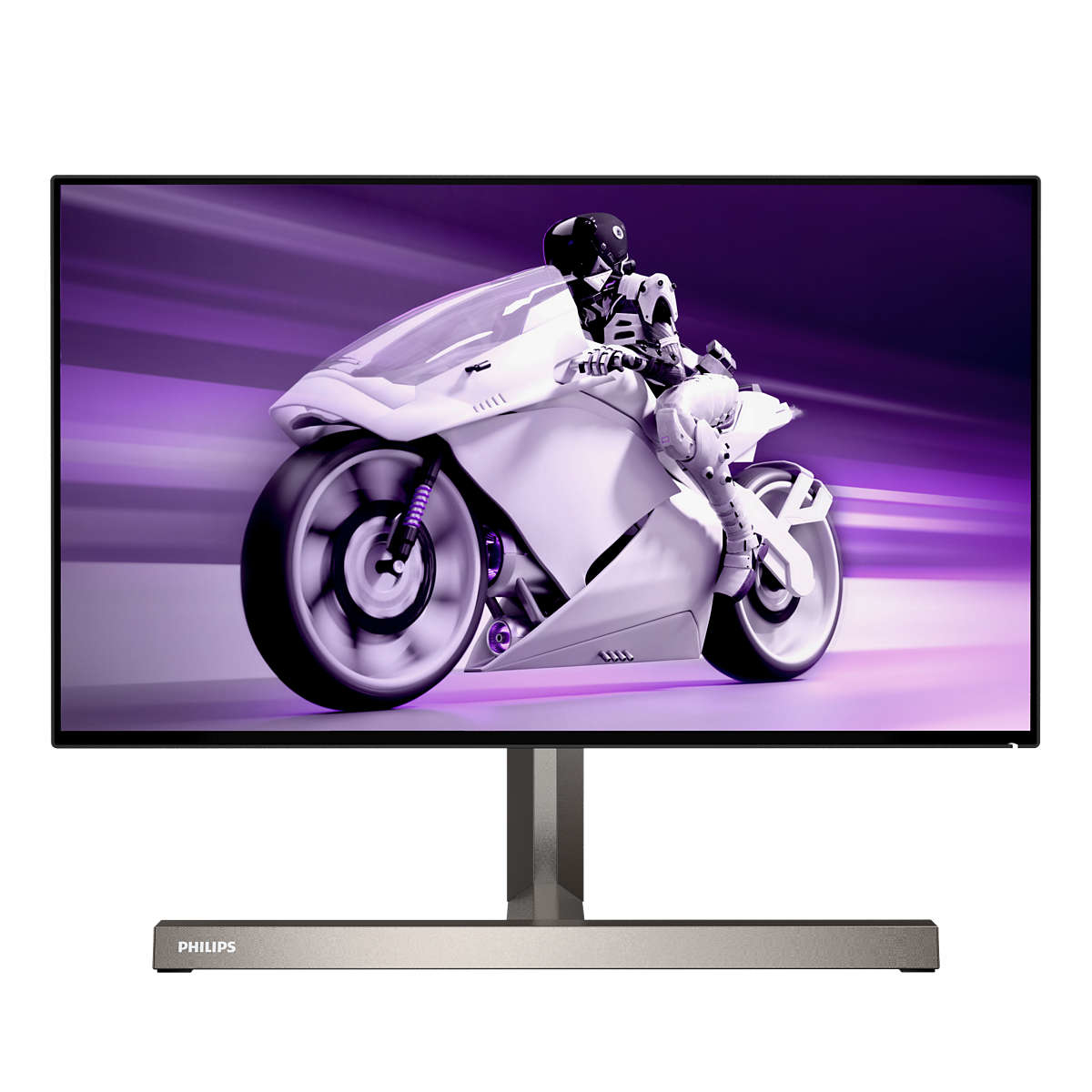 Un monitor Philips mostra una moto futuristica e un pilota che corre su una pista viola.