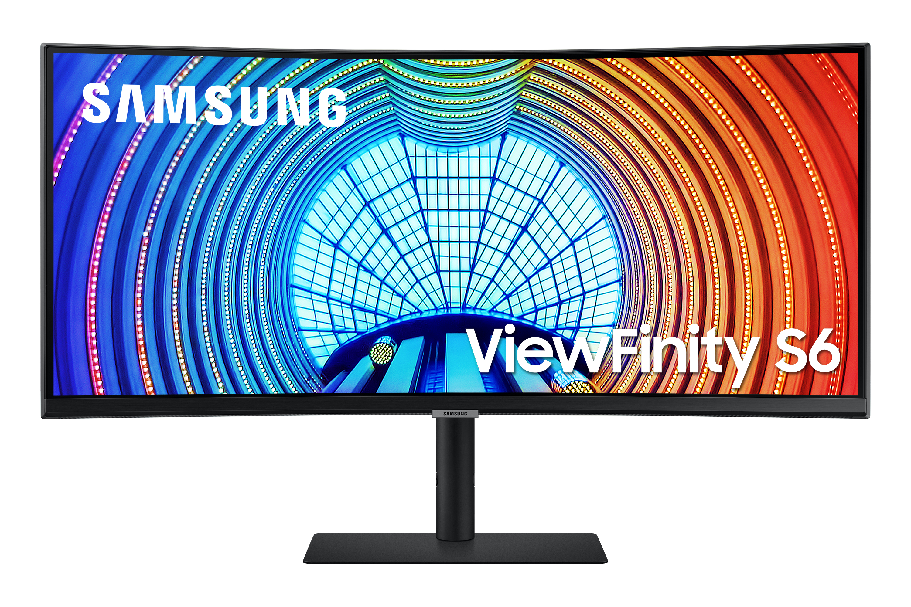 Wide curved monitor with 'SAMSUNG ViewFinity S6' text, displaying colorful patterns on the screen.