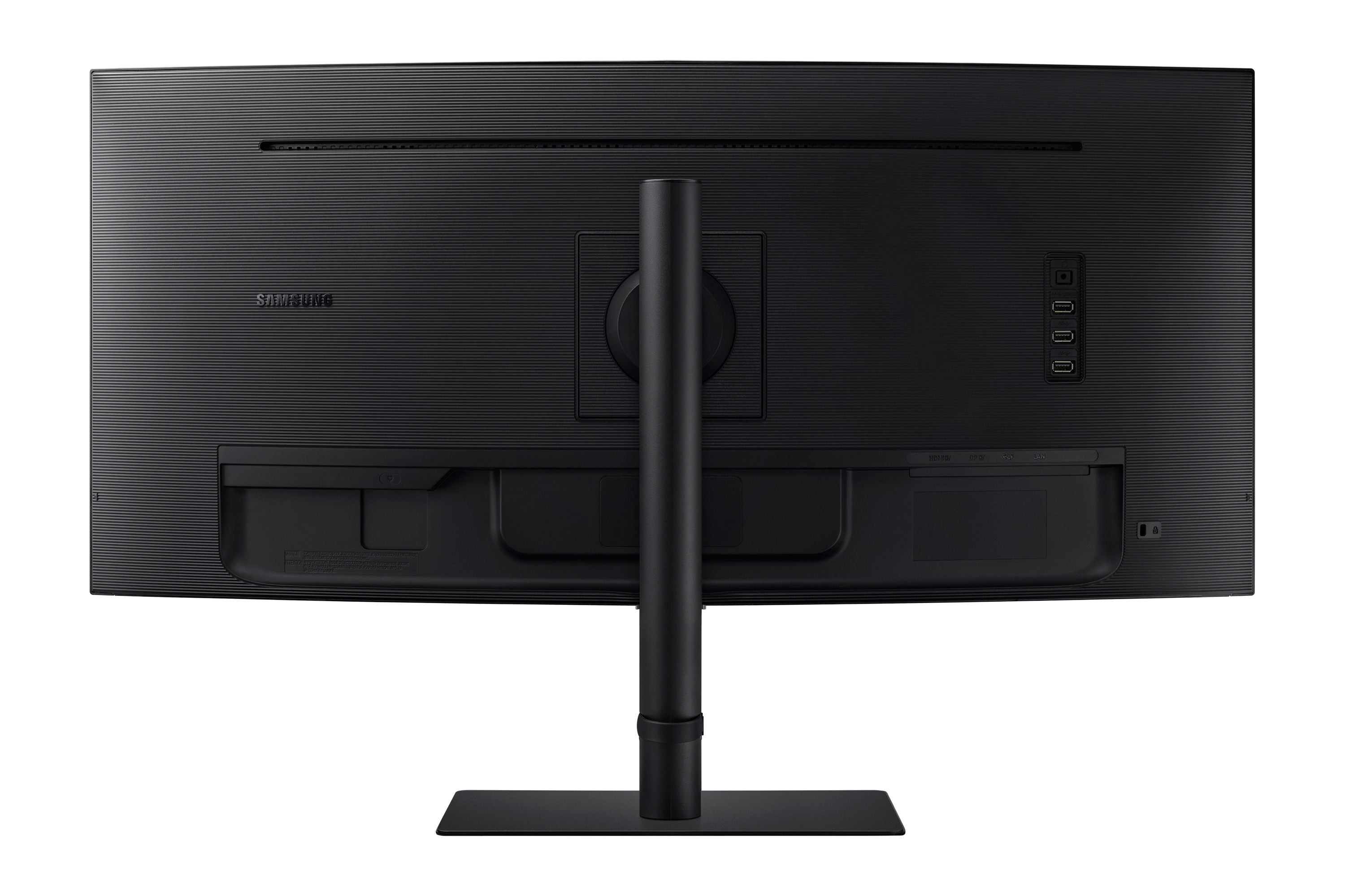 The back of a black monitor with inputs and a stand. The Samsung logo is visible.
