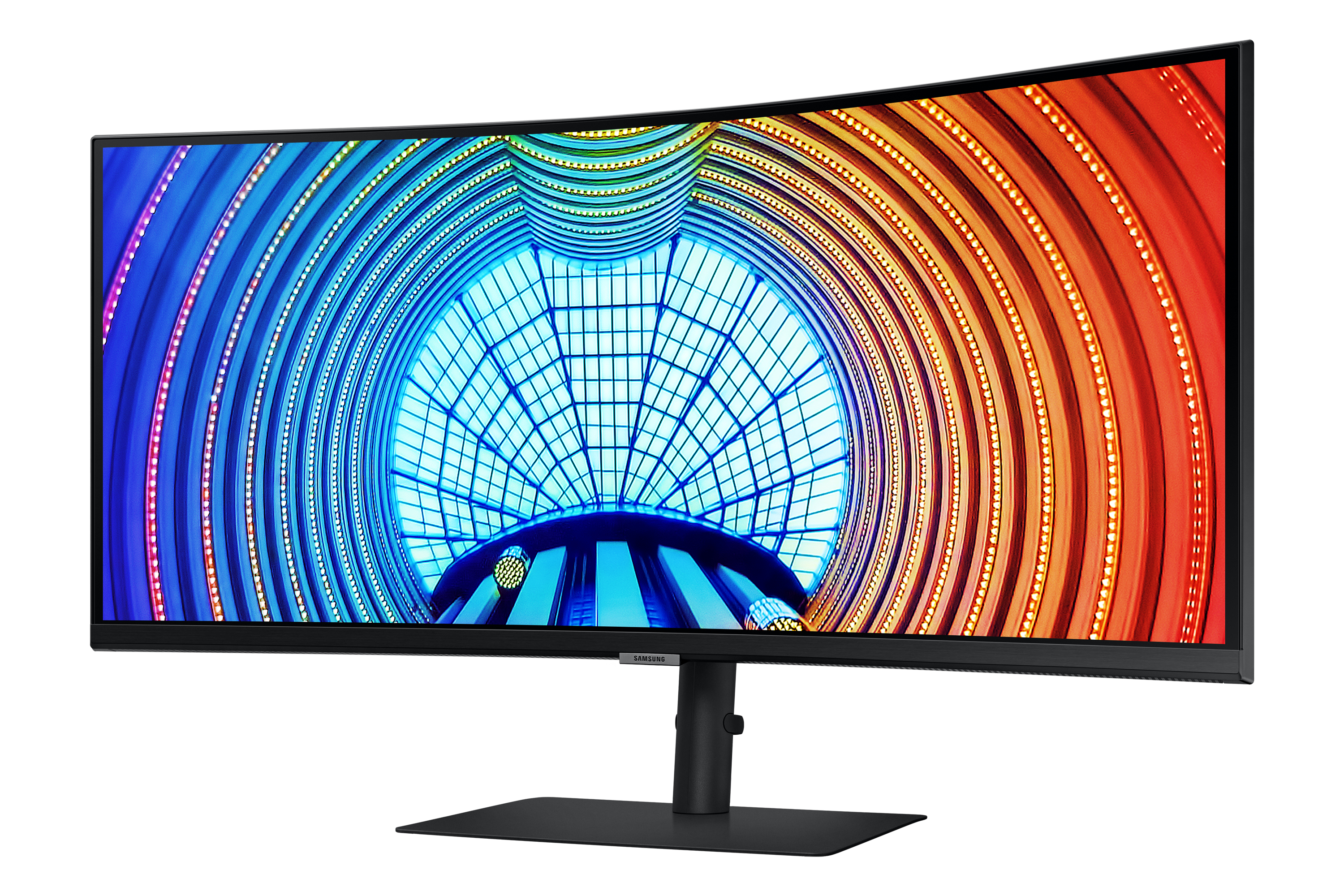 A wide curved monitor with a colorful background and a black stand, branded Samsung.
