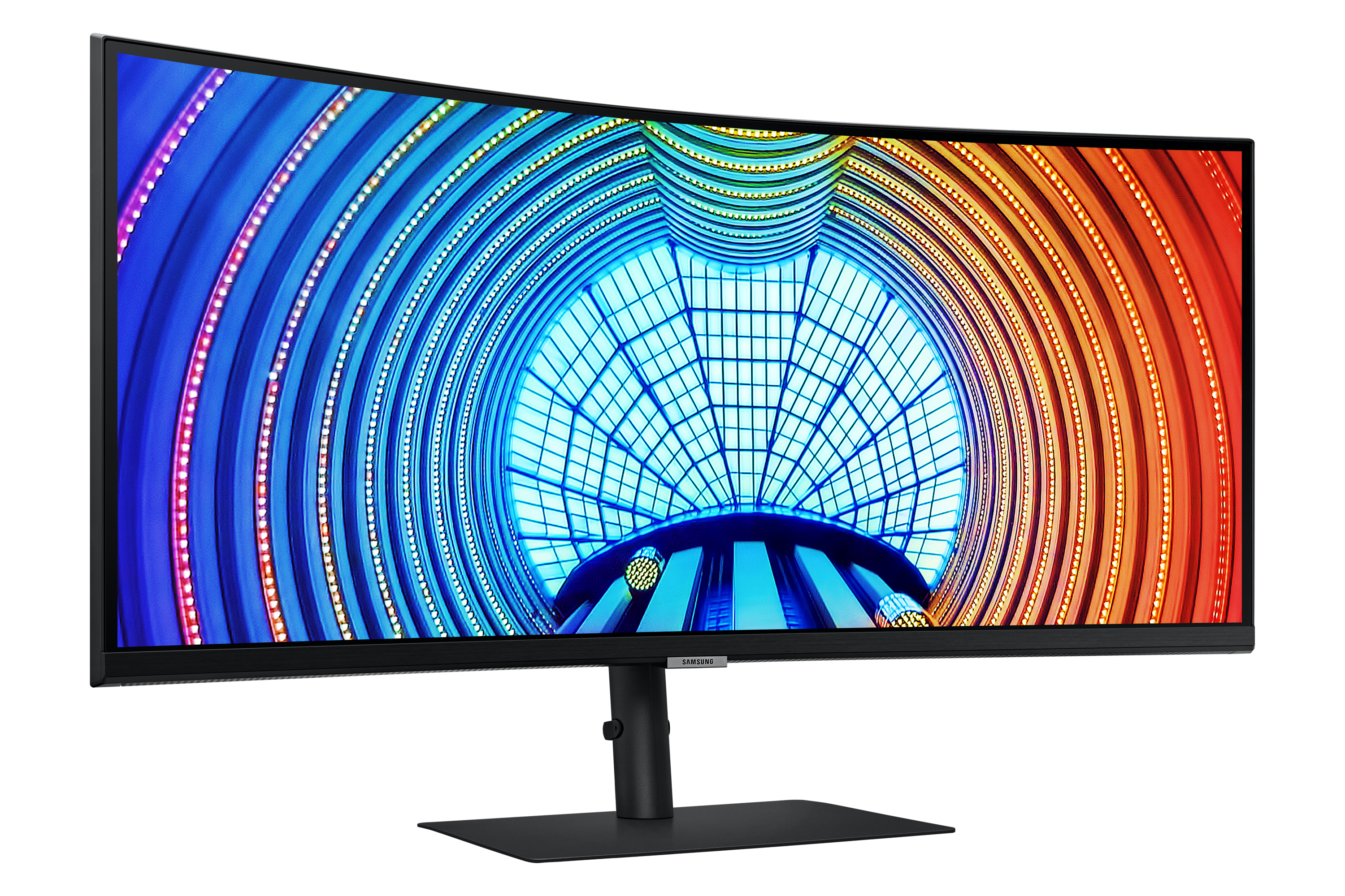 Curved monitor displaying a colorful, circular image.