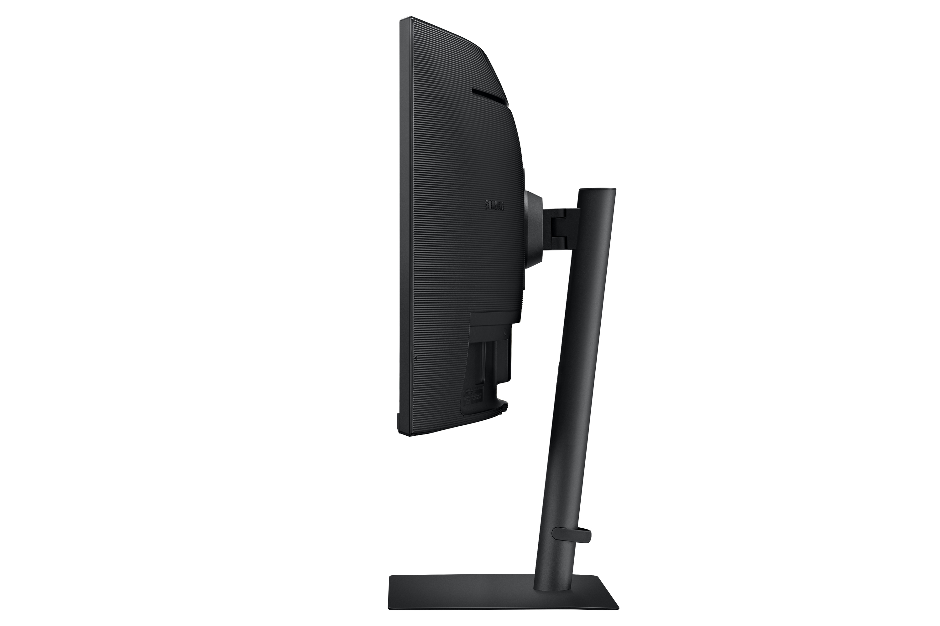 Side view of a black monitor with black stand, clean design.