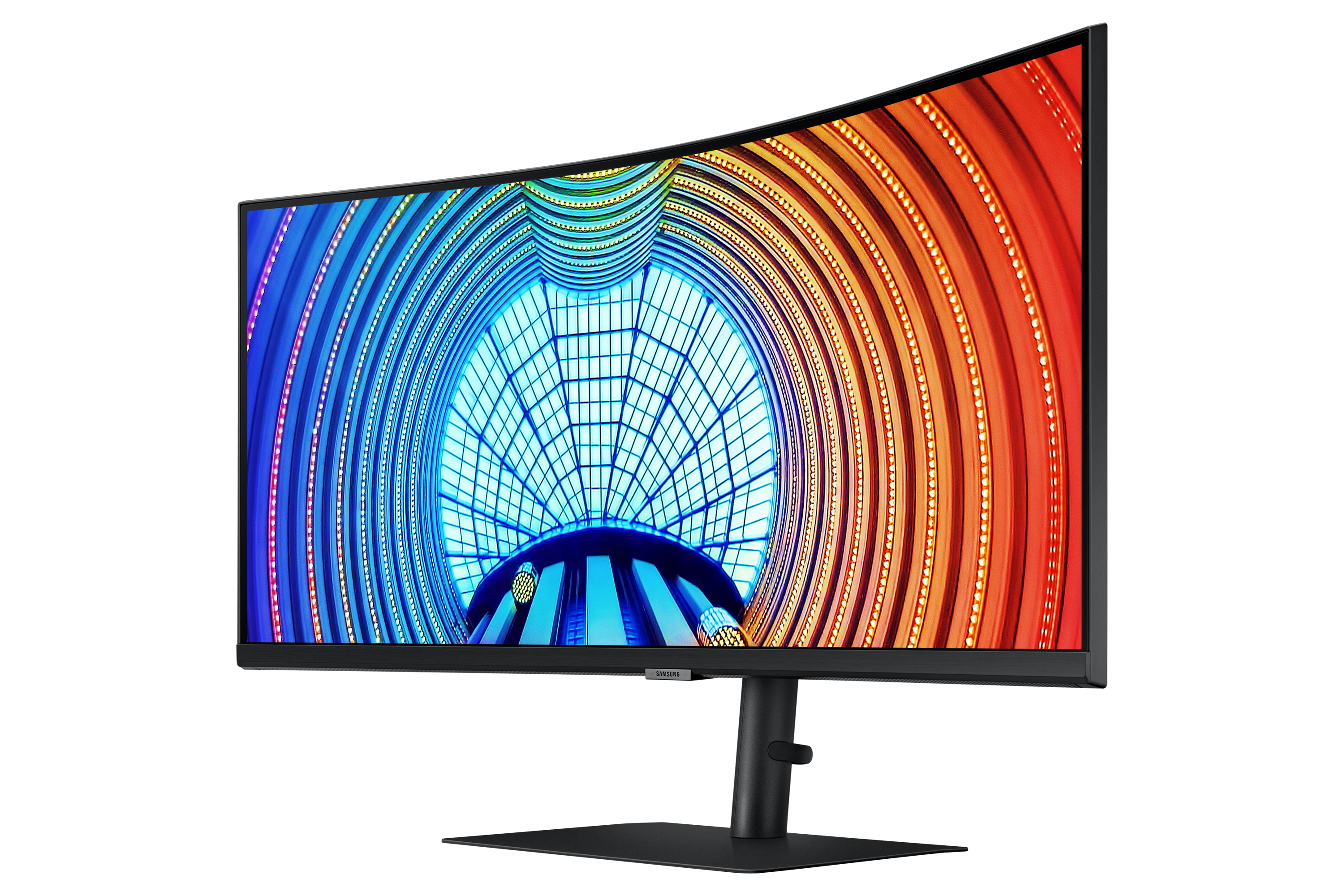 A curved Samsung monitor, displaying a colorful, abstract pattern, black stand.