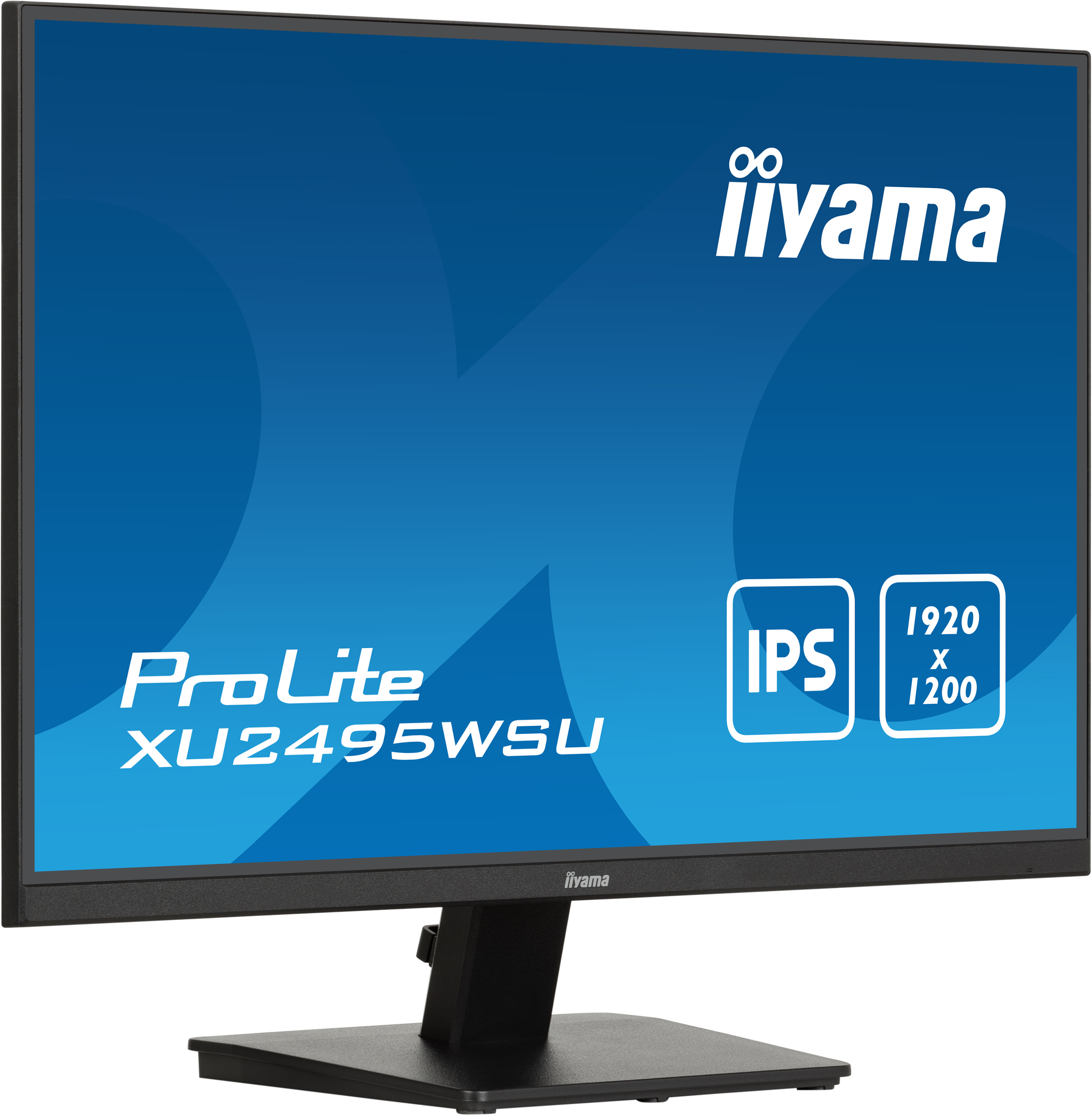 Monitor iiyama ProLite, czarna ramka, wyświetlający tekst i niebieskie tło.