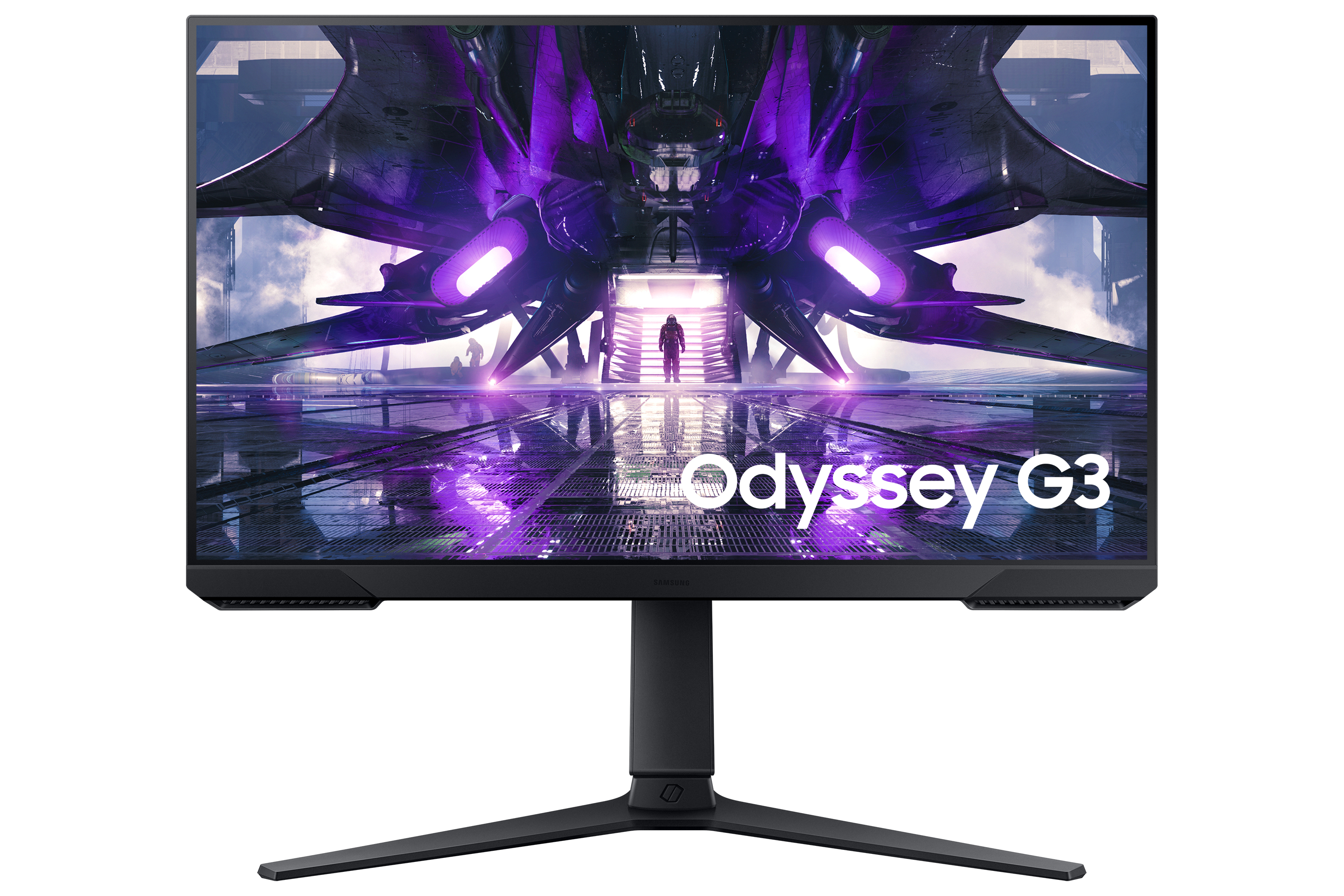 Monitor de computadora negro mostrando escena de nave espacial con tonos morados y texto "Odyssey G3".