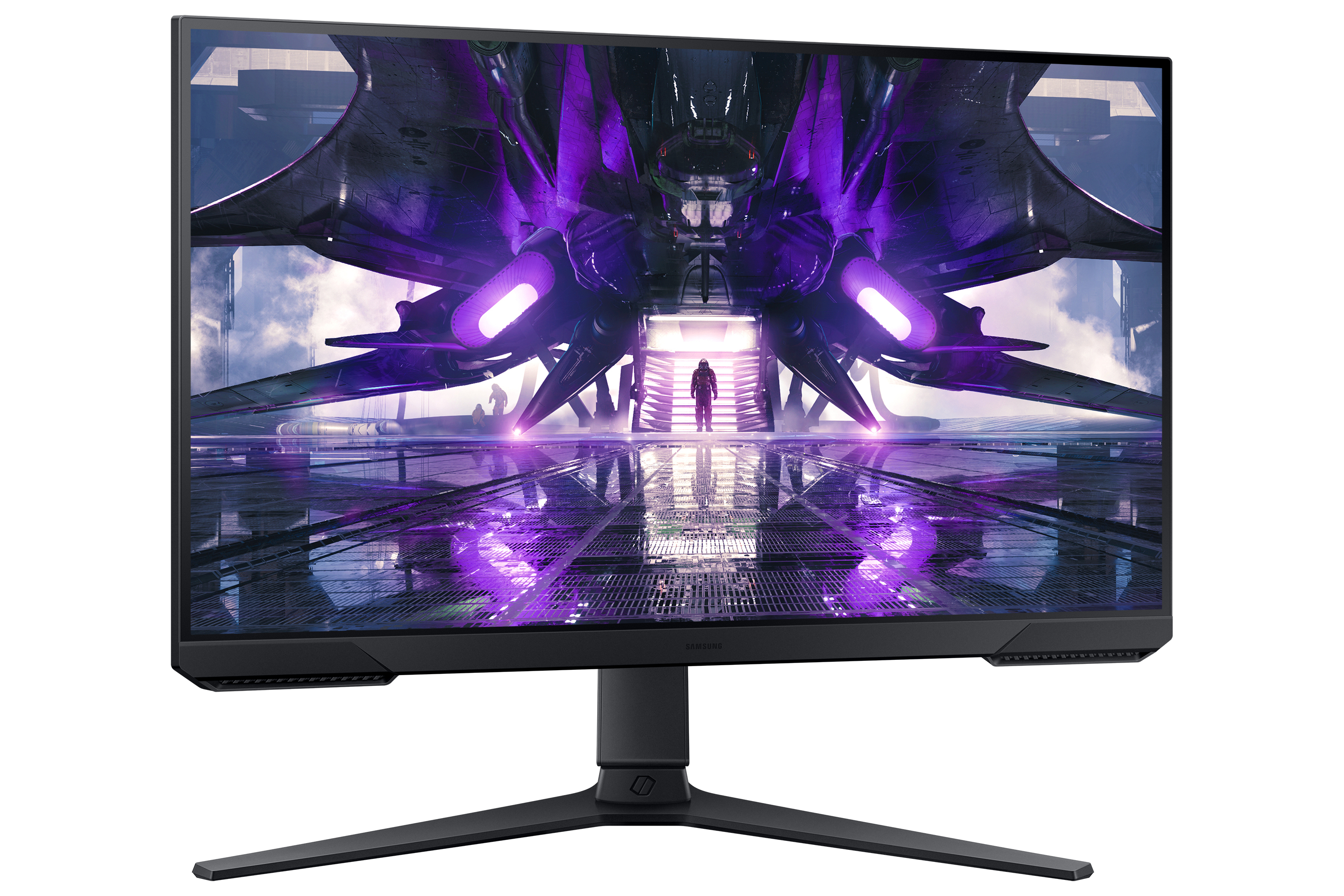 Un monitor gaming Samsung que muestra una escena futurista con una figura en un traje espacial.