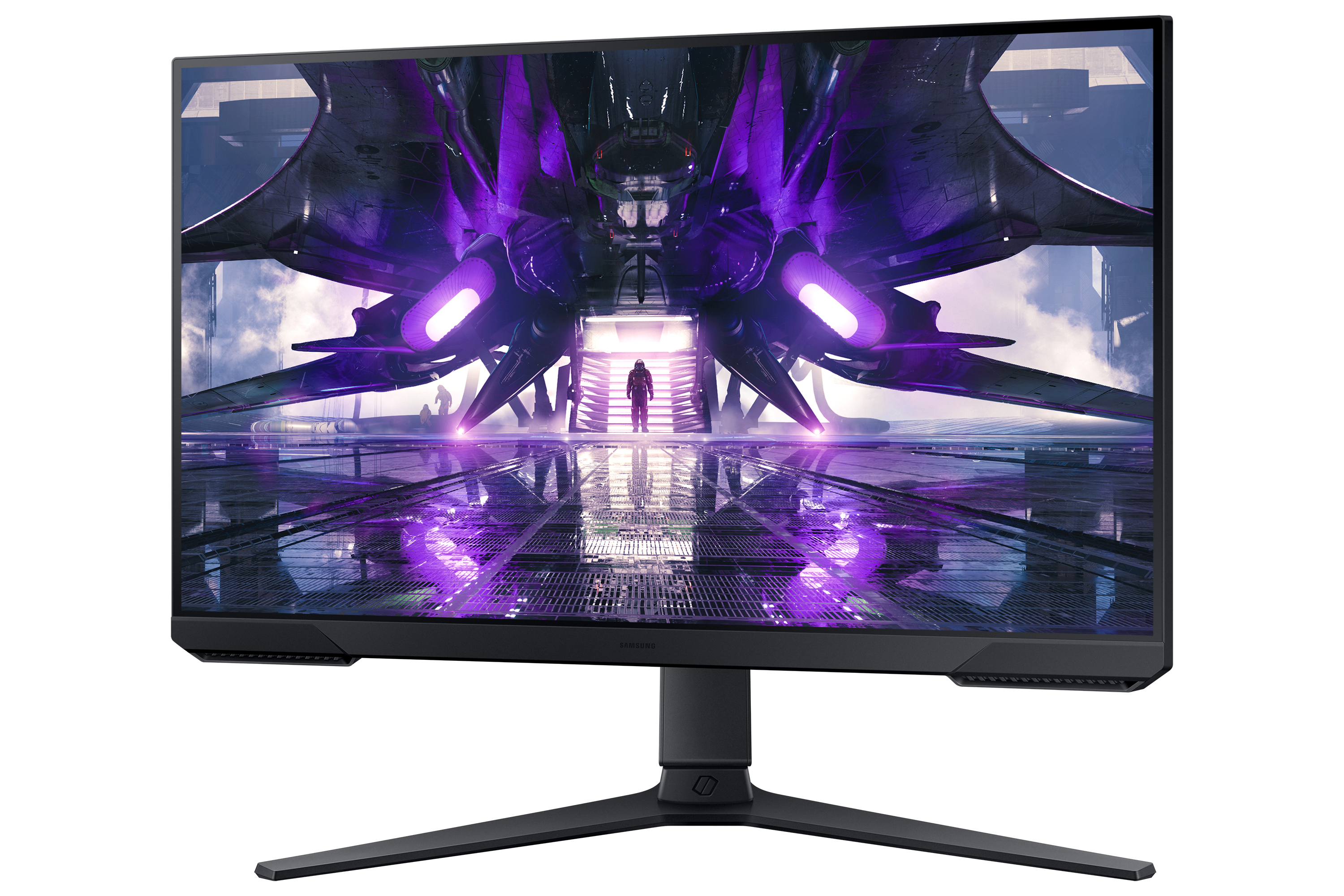 Un monitor de computadora que muestra una escena futurista con una figura en el centro.