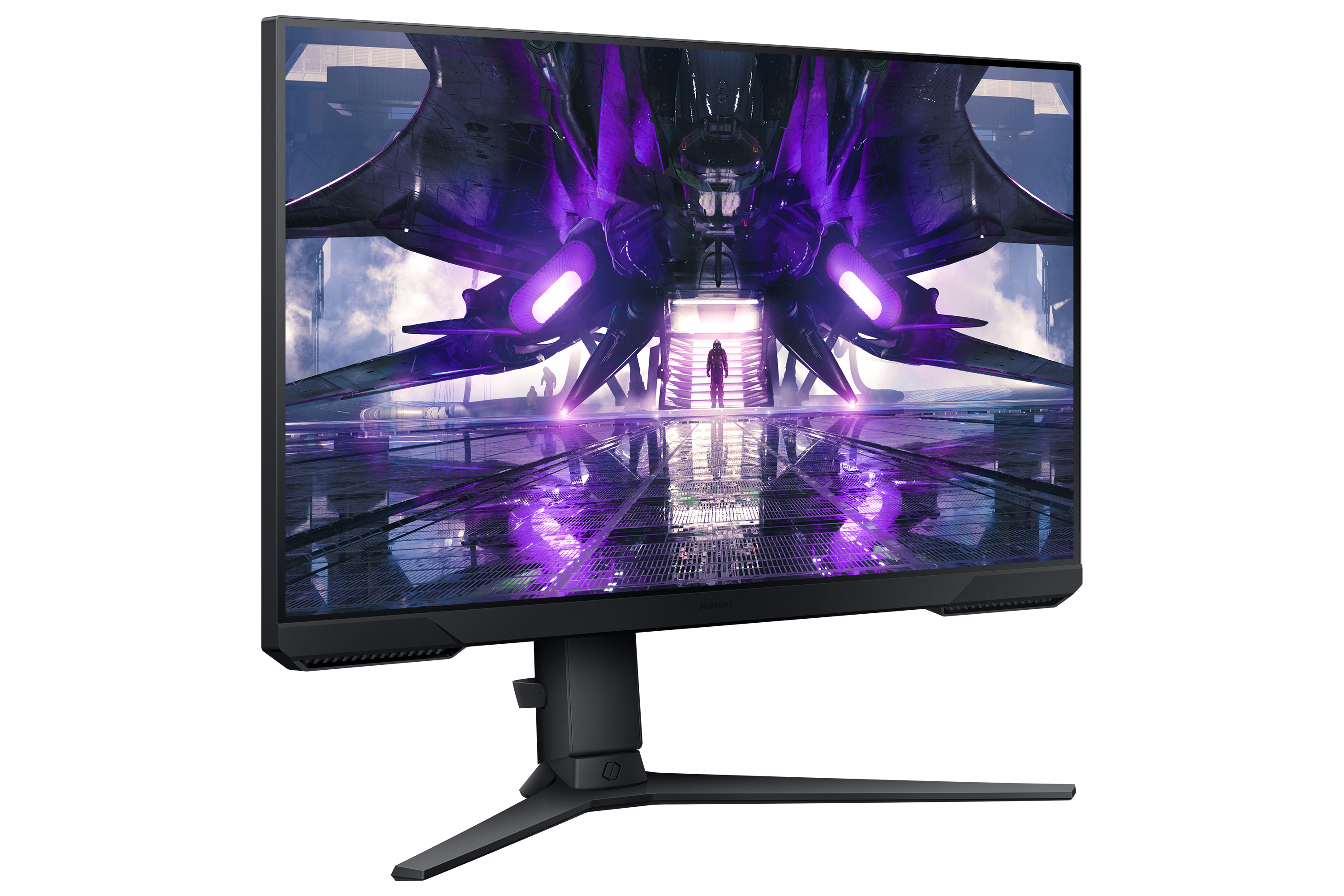 Monitor de juegos, representando una escena futurista con nave espacial y figuras.