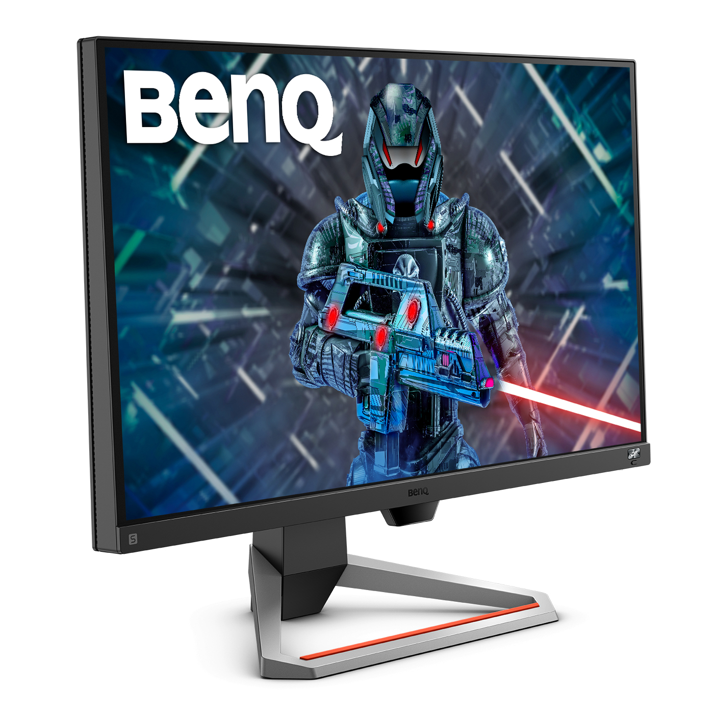 Monitor do gier BenQ wyświetlający futurystycznego żołnierza trzymającego broń laserową.