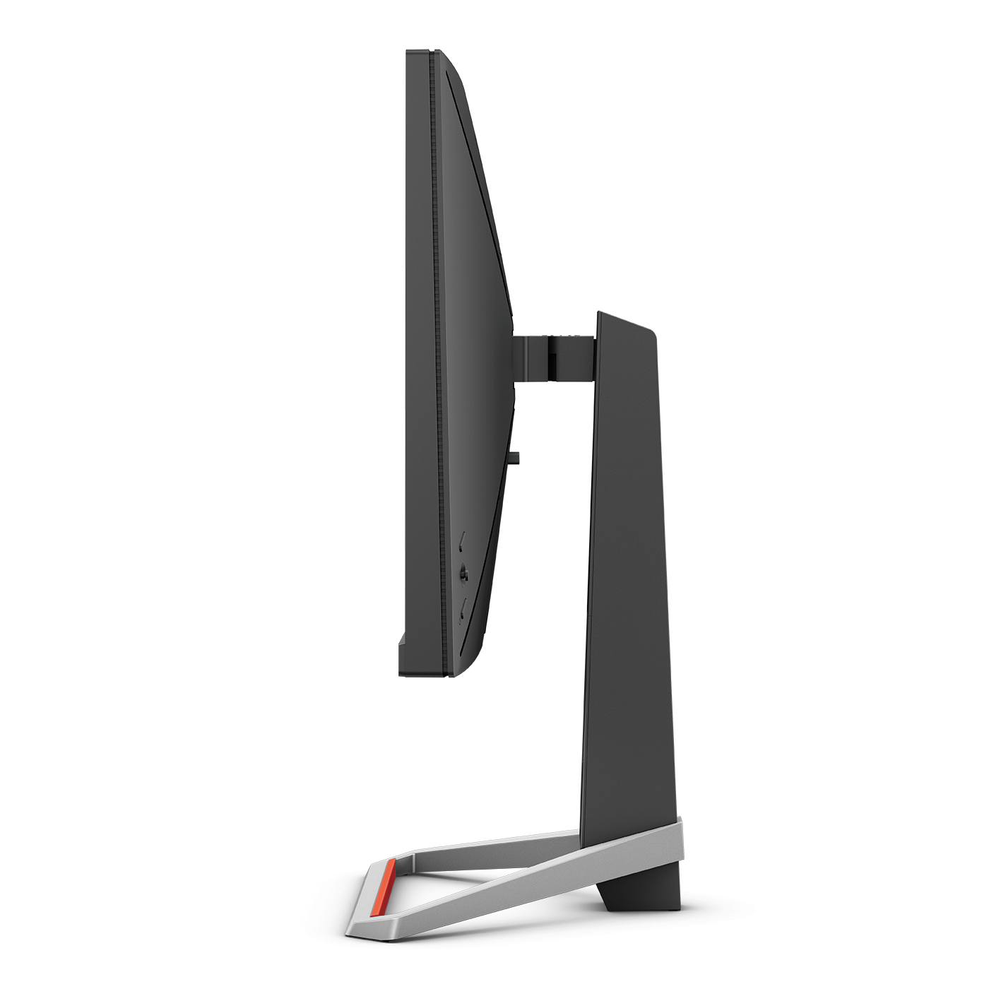 Widok z boku monitora. Czarny ekran i ramka, szara i czerwona podstawa. Białe tło.