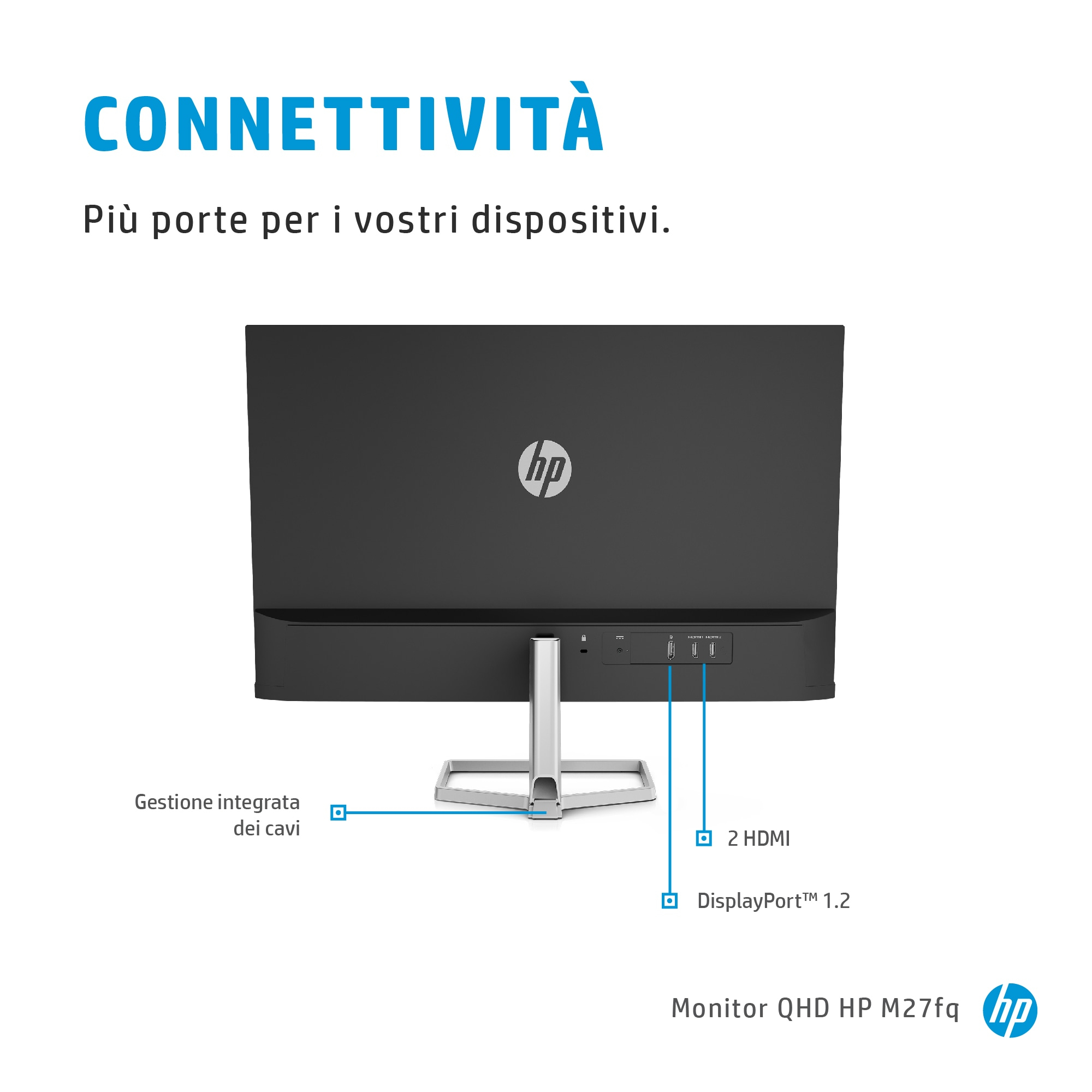 Monitor ze srebrną podstawą, z logo HP i portami HDMI i DisplayPort.