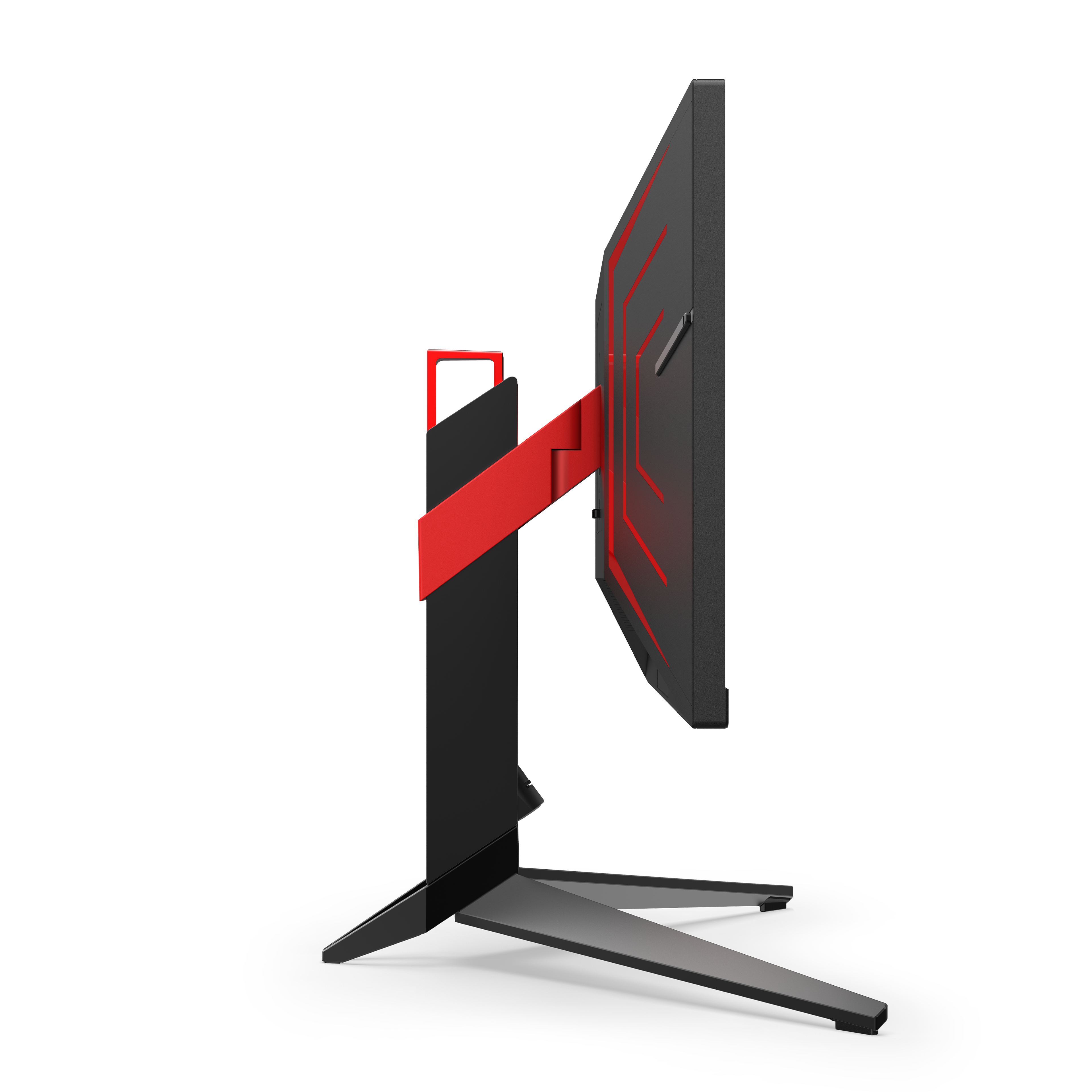 Seitenansicht eines Gaming-Monitors. Schwarz mit roten Akzenten und rotem Ständer. Der Bildschirm ist schwarz.