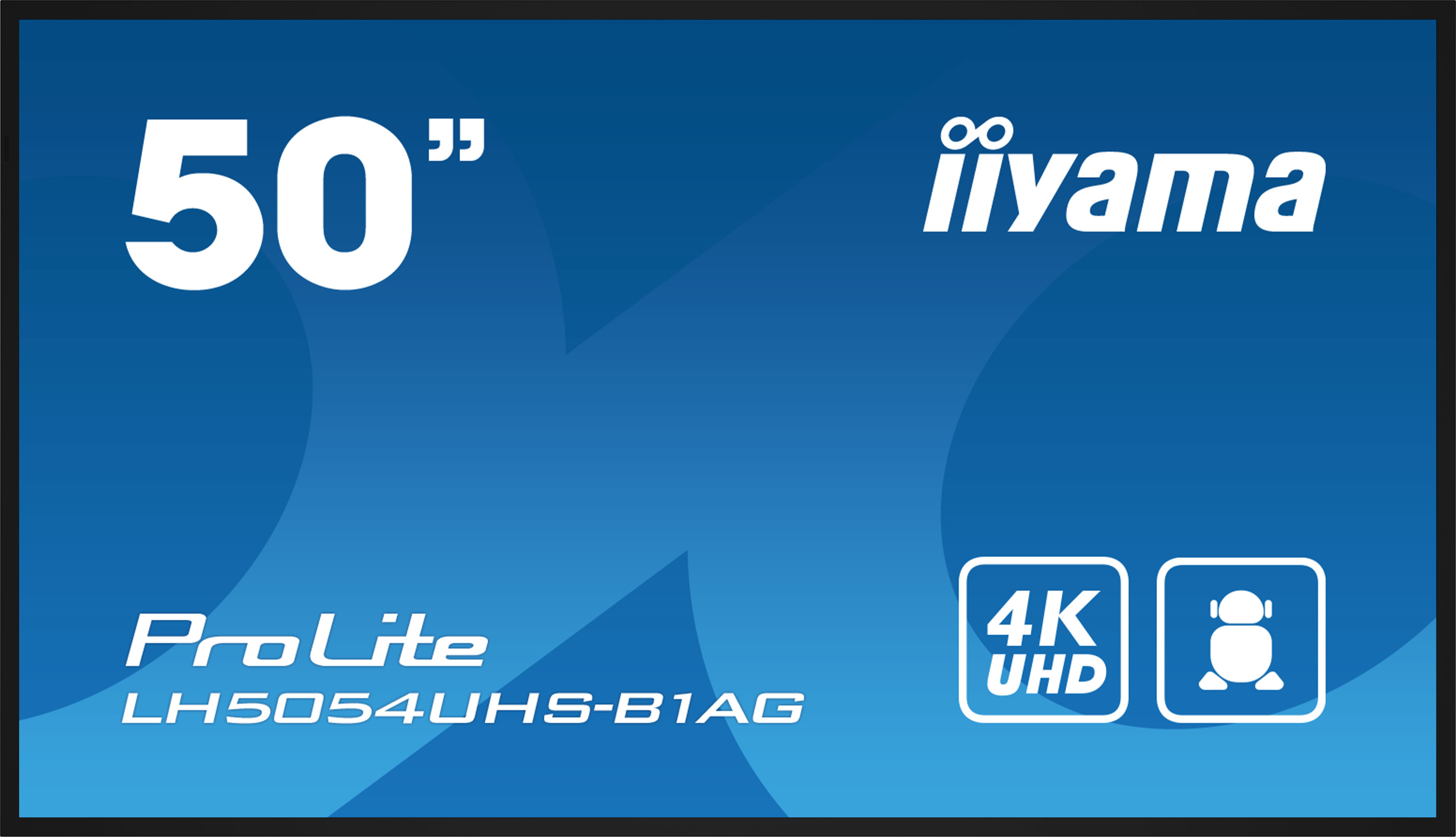 Ein großer 50-Zoll-TV-Bildschirm mit Text und Logos vor blauem Farbverlauf.