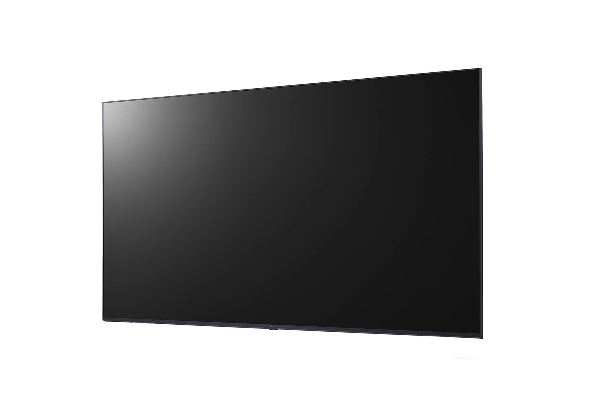 Un grande schermo TV nero angolato su sfondo bianco, con una cornice sottile.