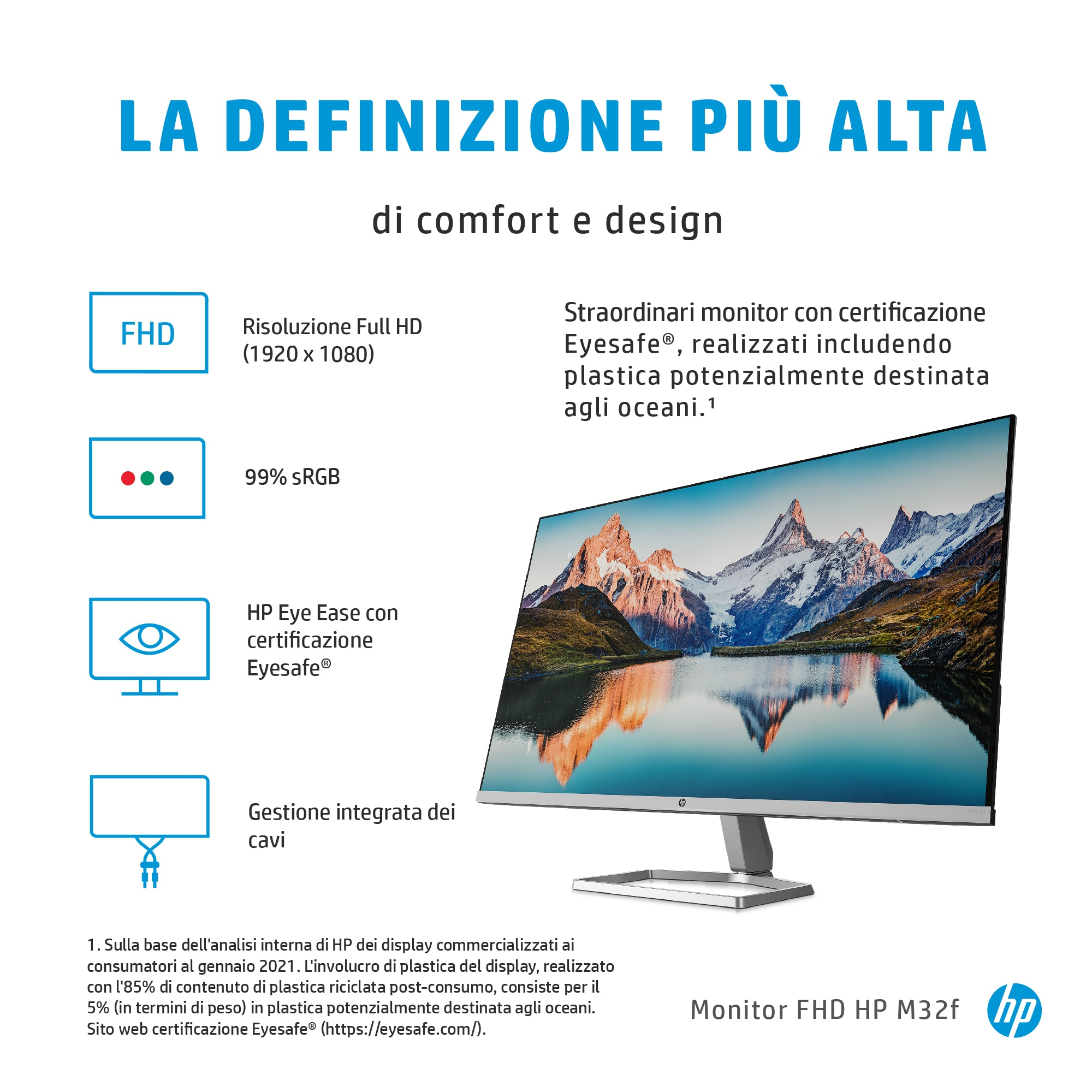 Monitor HP con scena di montagna, dettagli del prodotto in italiano e logo HP.