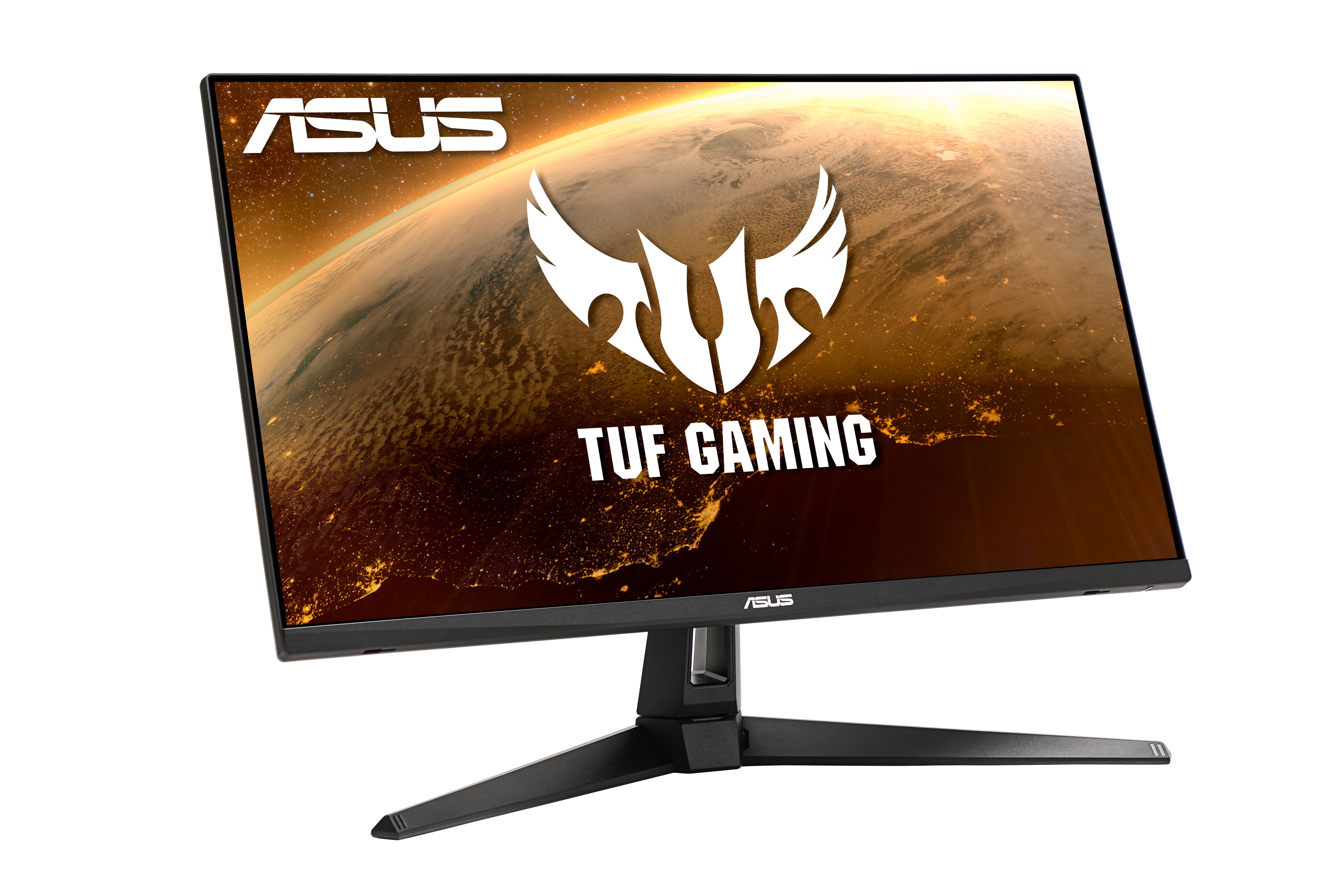 Monitor Asus z logo TUF Gaming i tłem w tematyce kosmicznej.