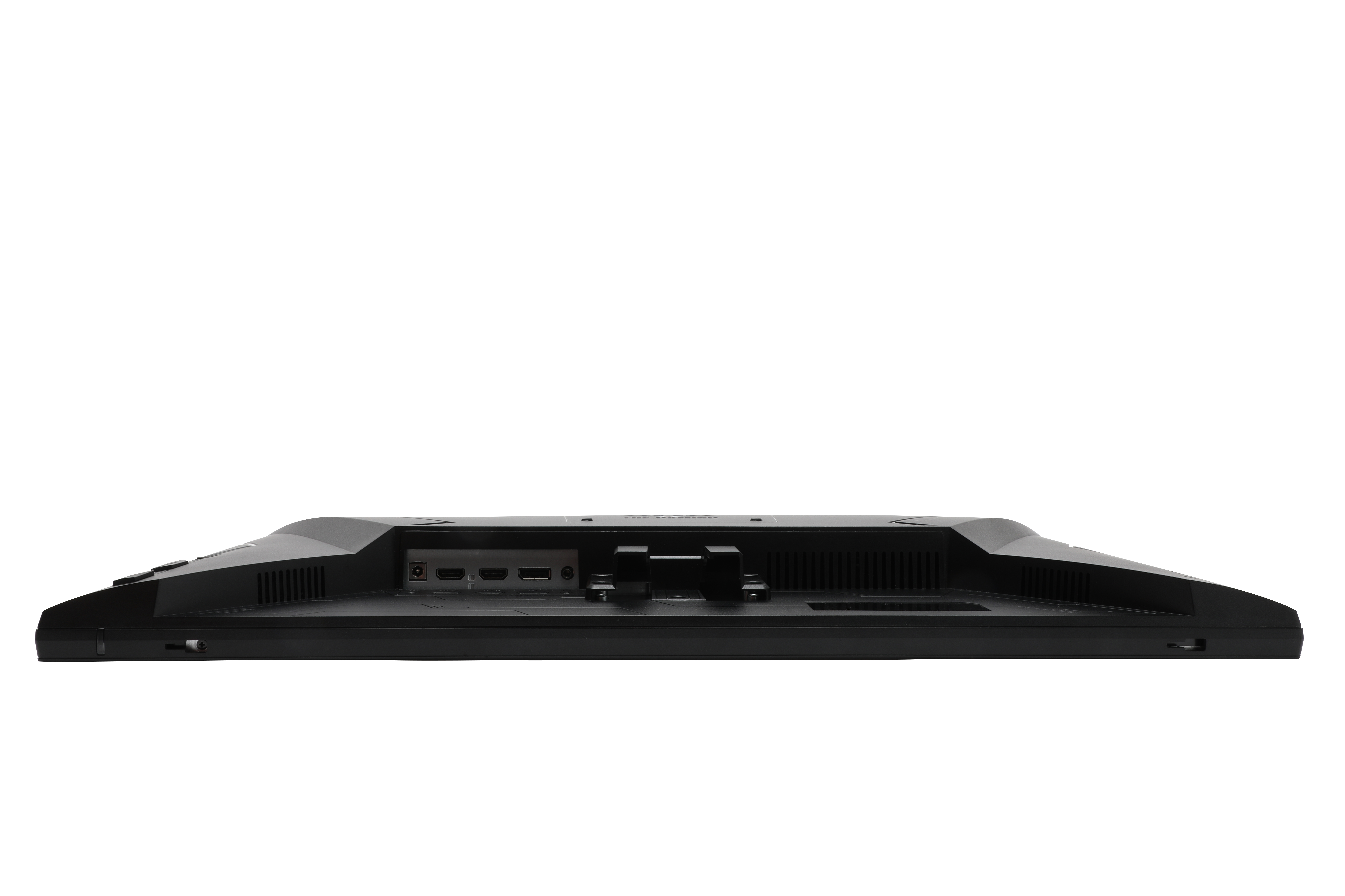 Spód czarnego monitora z widocznymi portami do podłączania na białym tle.