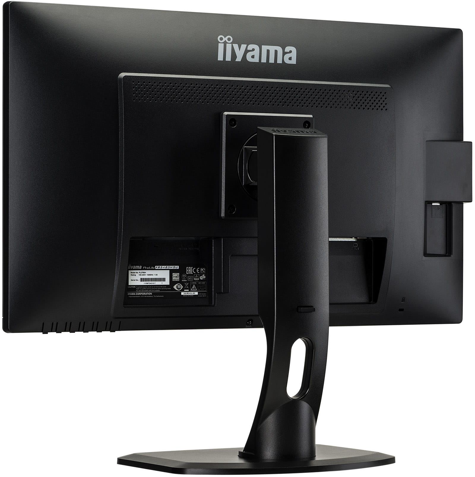 Rückansicht eines schwarzen Computermonitors mit Ständer. Die Marke 'iiyama' ist sichtbar.