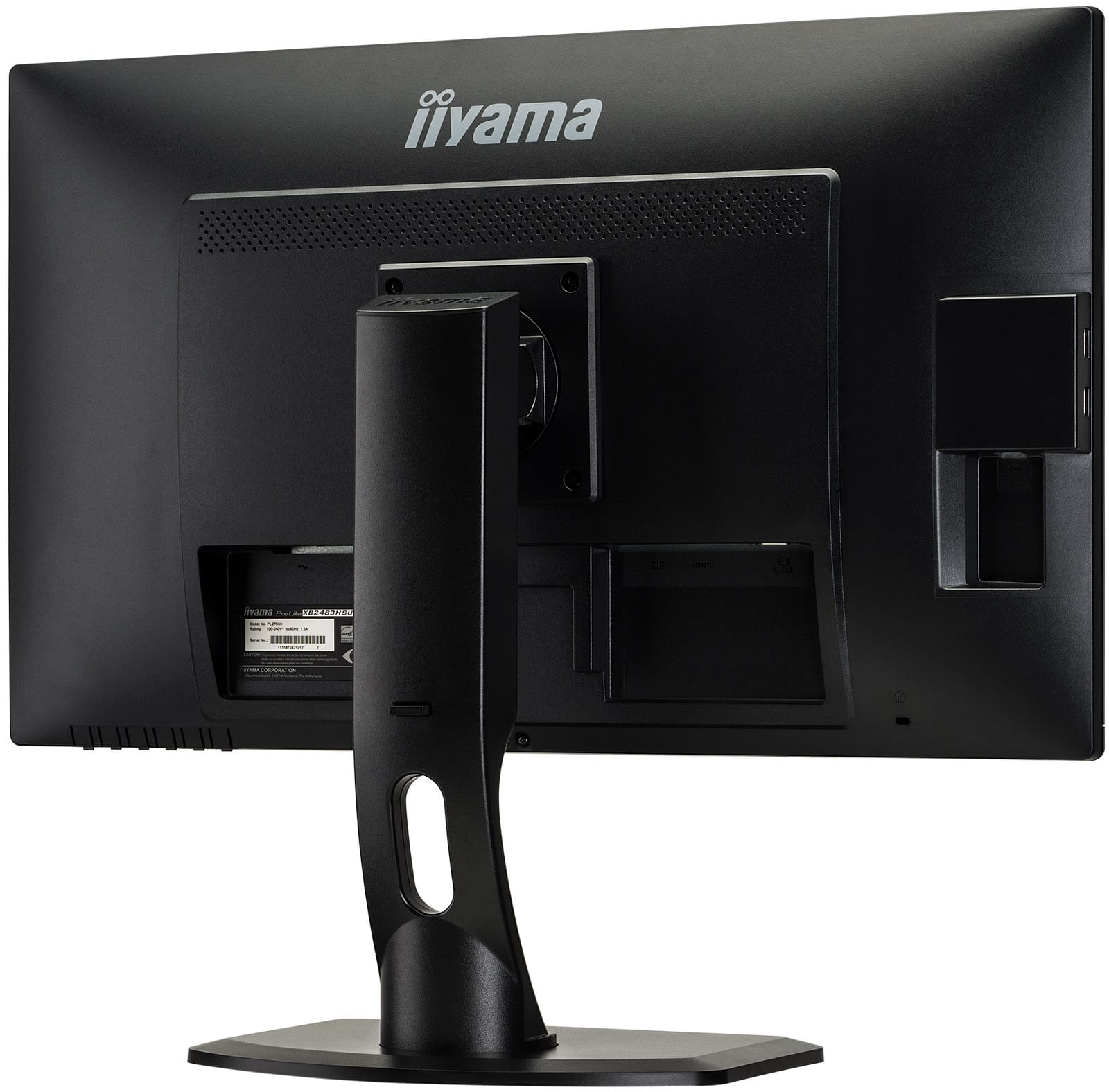 Rückseite eines Iiyama-Monitors, schwarz mit Ständer und Anschlüssen sichtbar.