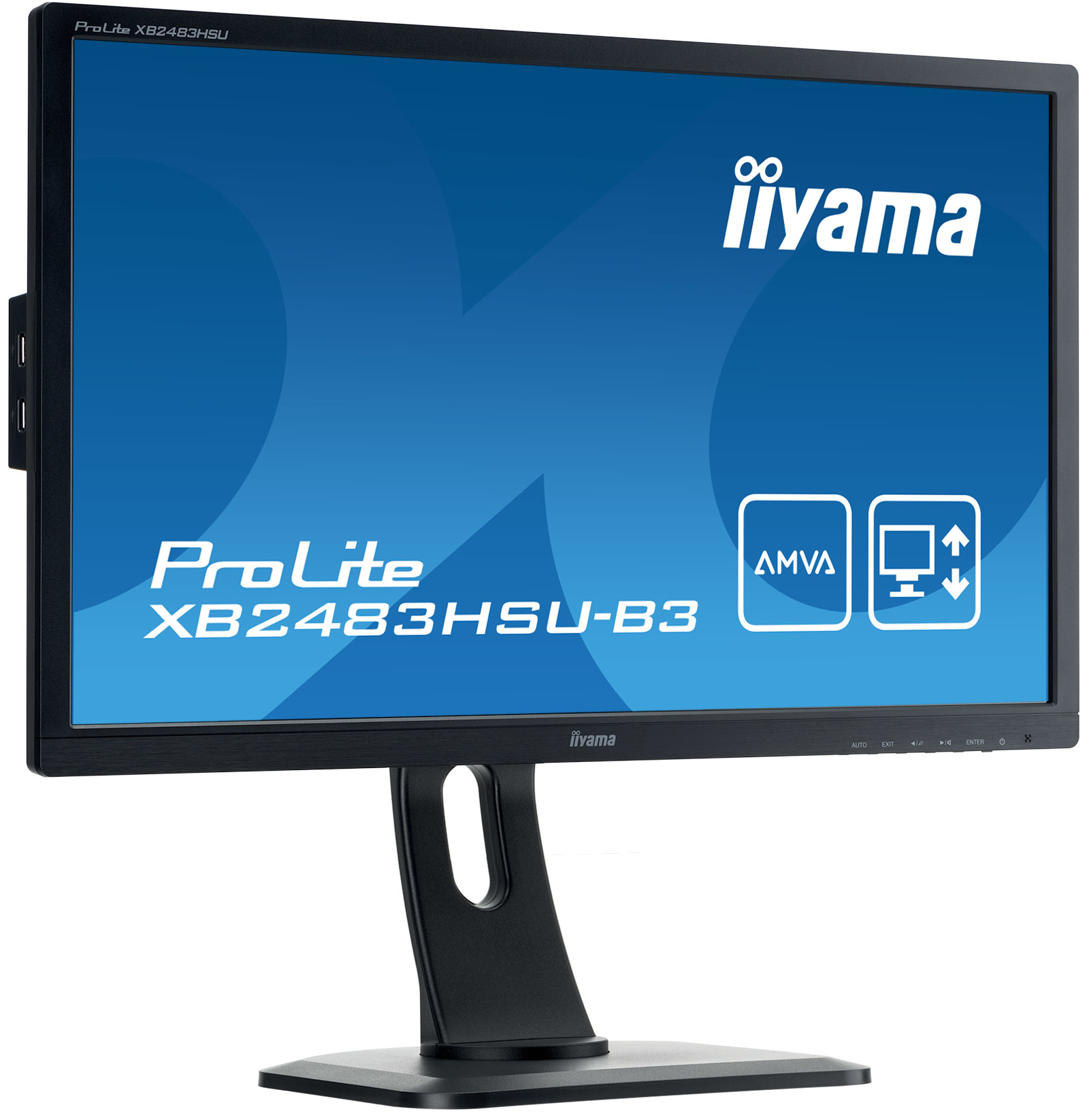 Ein Computermonitor der Marke iiyama. Der Bildschirm zeigt den Text ProLite XB2483HSU-B3 und Spezifikationen.