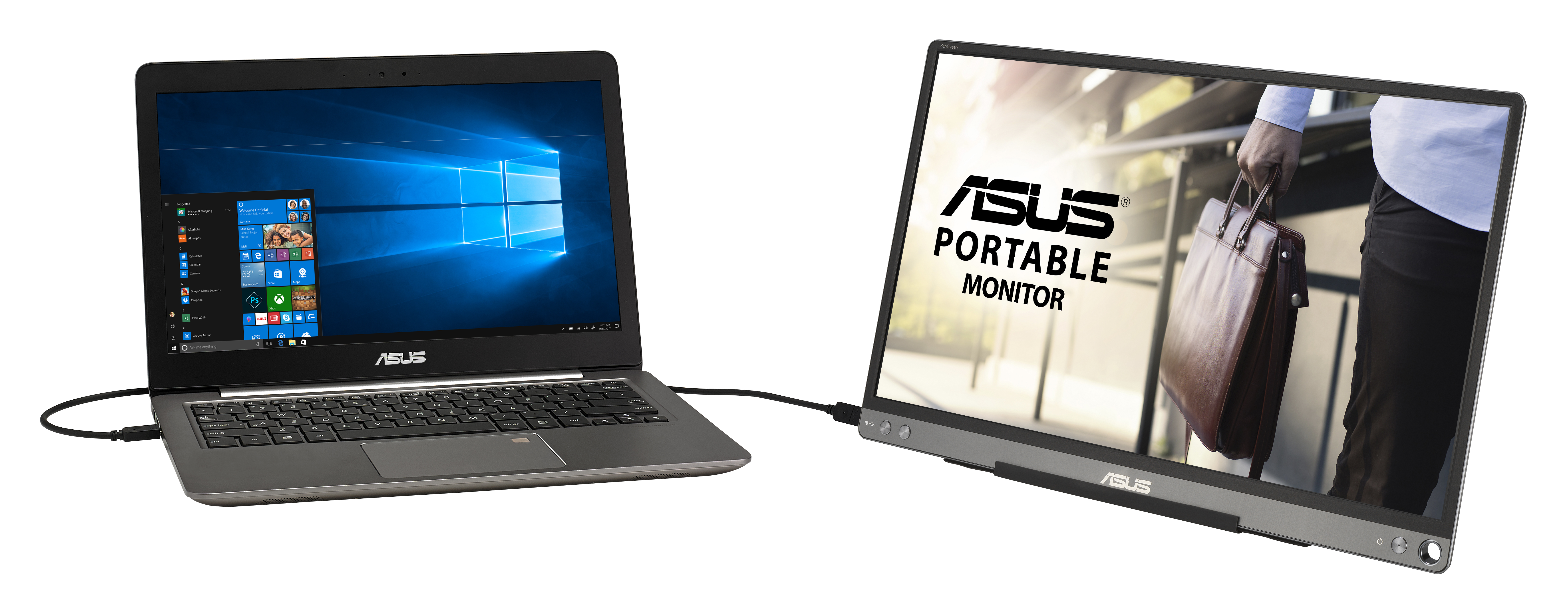 Laptop podłączony do przenośnego monitora ASUS, białe tło, ekran Windows.