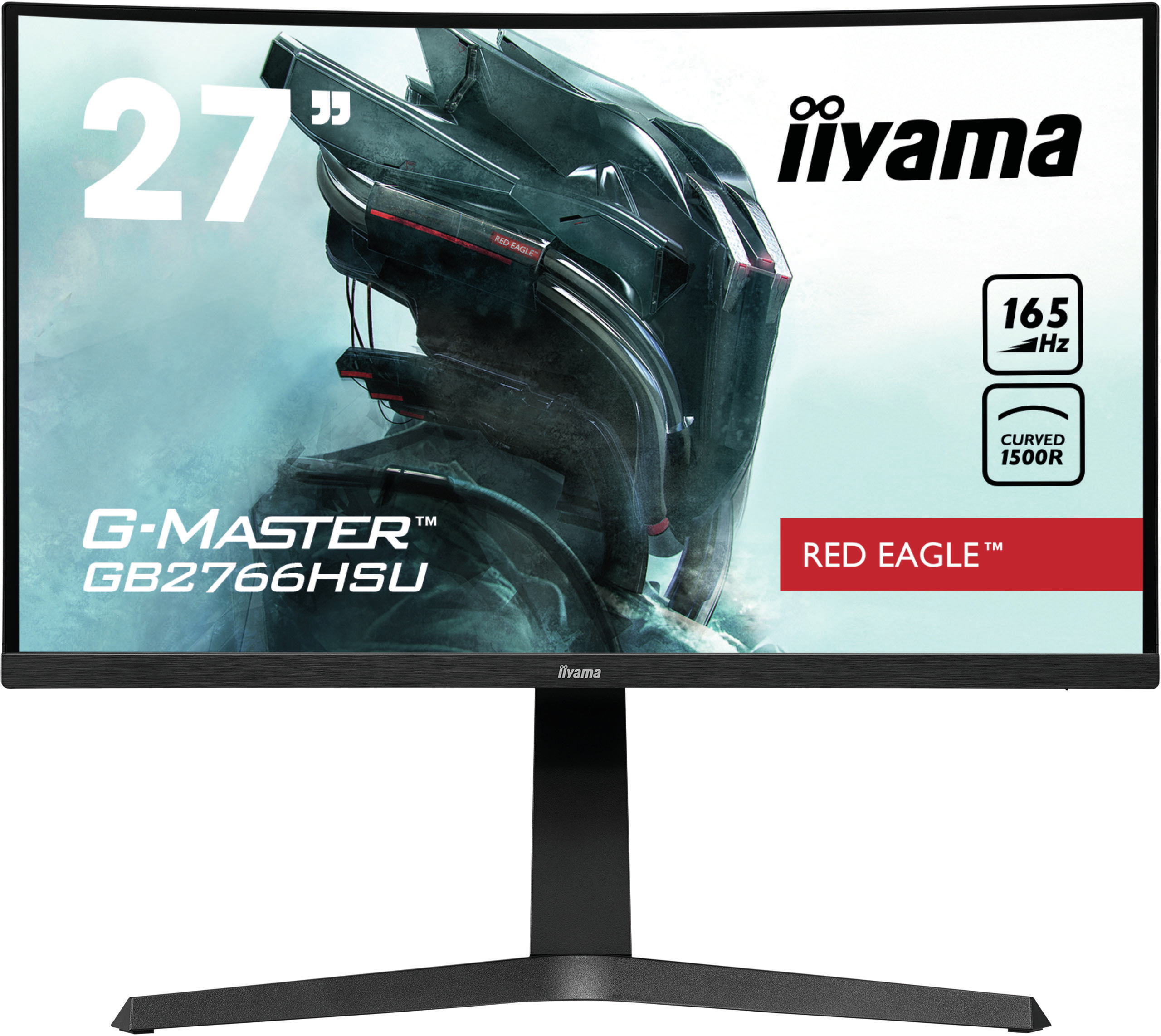 Un écran d'ordinateur noir avec un support. Il a un écran incurvé et le logo Iiyama.